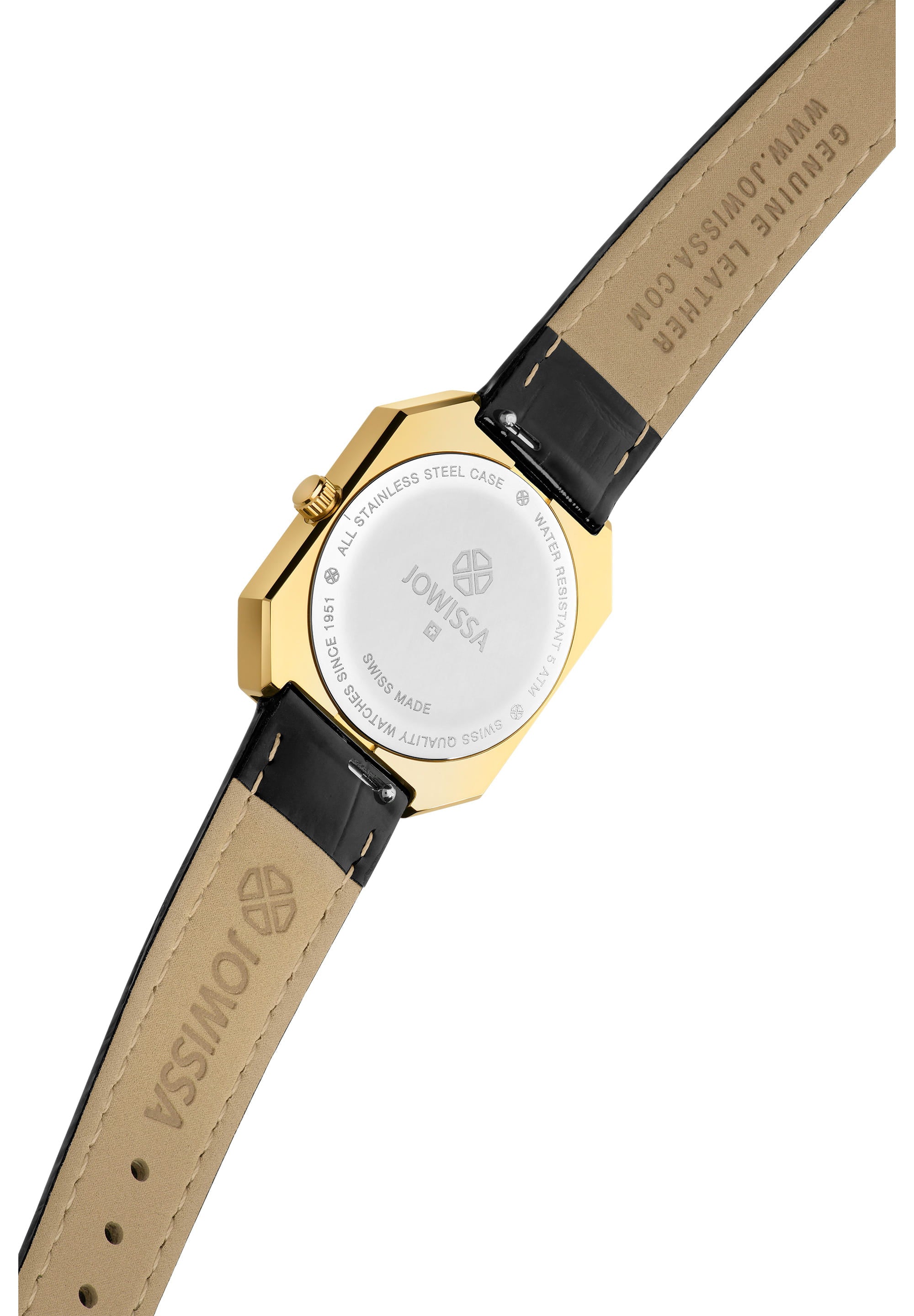 Facet Radiant Swiss Ladies Watch J8.072.M featuring a black dial, gold-plated stainless steel case, and alligator-embossed leather strap.