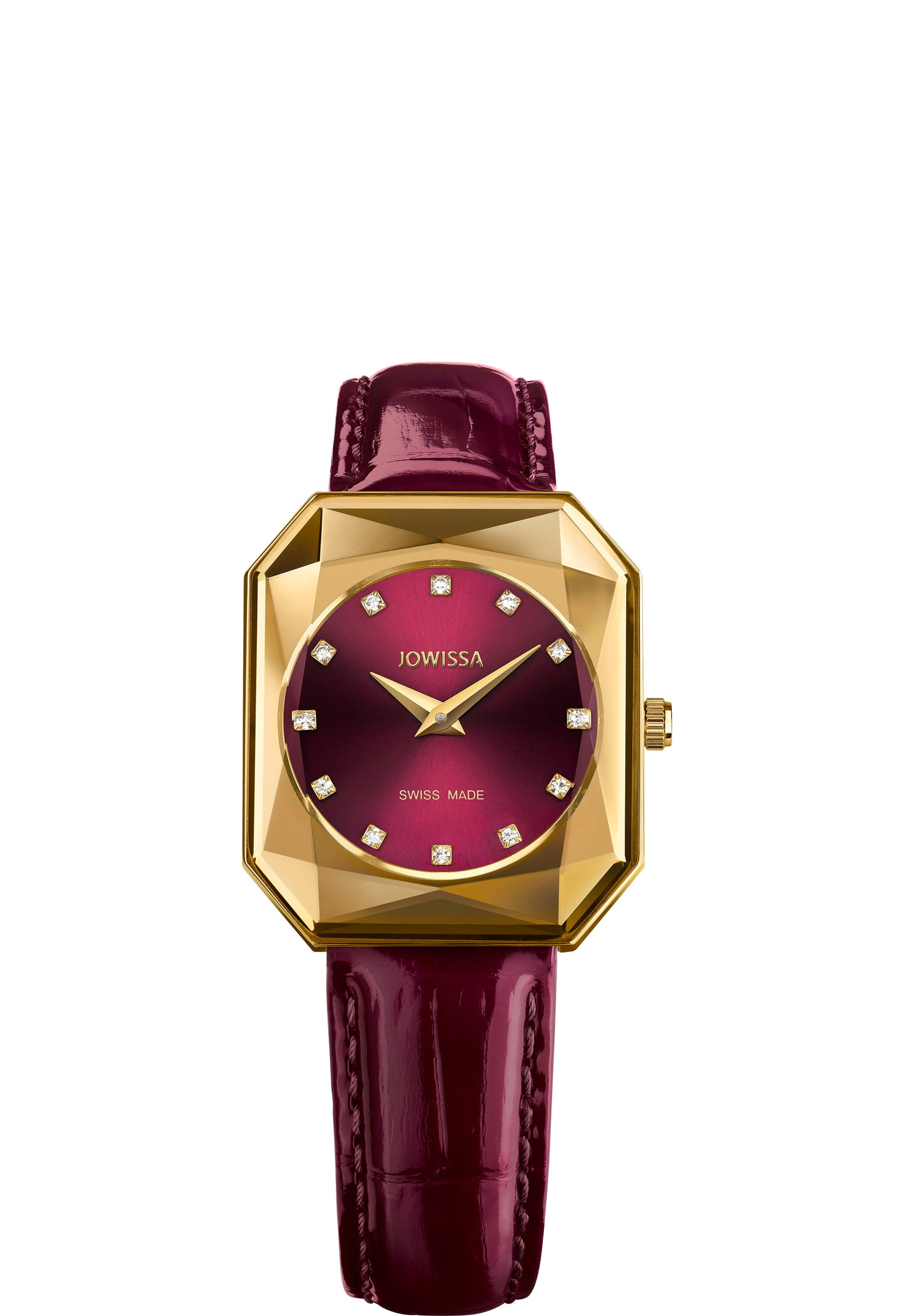 Facet Radiant Swiss Ladies Watch J8.076.M featuring a gold case, burgundy dial, and glossy leather strap, showcasing elegance and luxury.