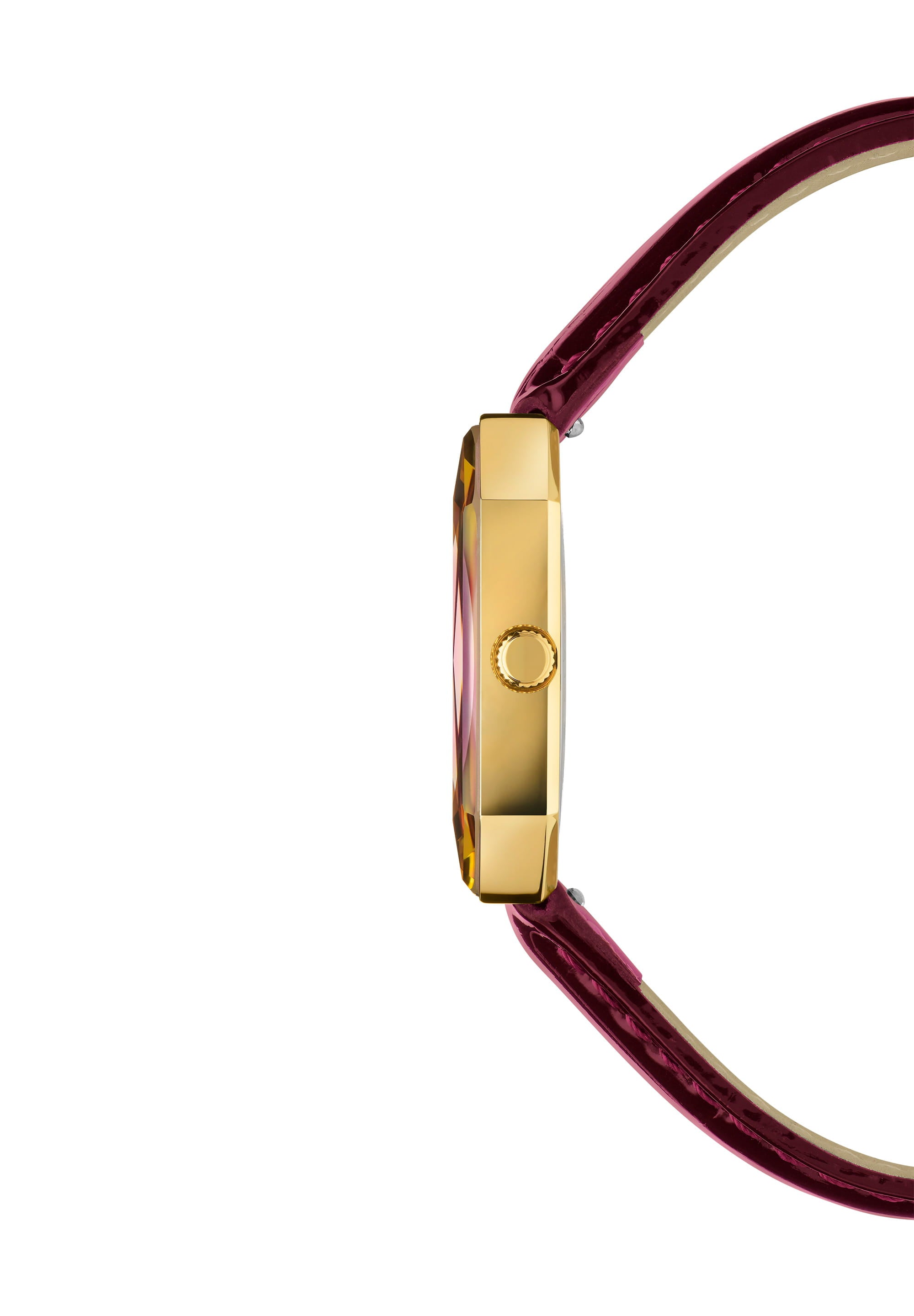 Facet Radiant Swiss Ladies Watch J8.076.M featuring a gold case, burgundy dial, and glossy leather strap, showcasing elegance and luxury.