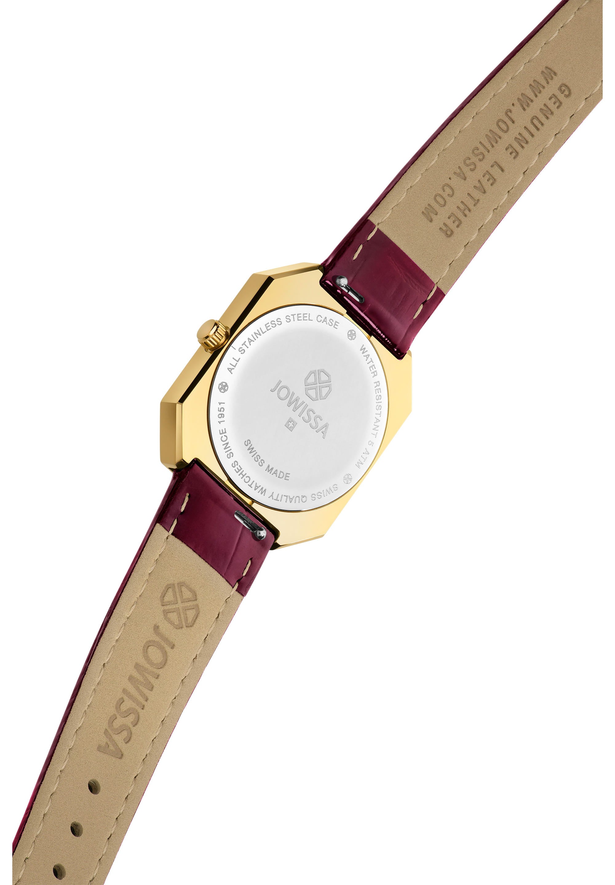 Facet Radiant Swiss Ladies Watch J8.076.M featuring a gold case, burgundy dial, and glossy leather strap, showcasing elegance and luxury.