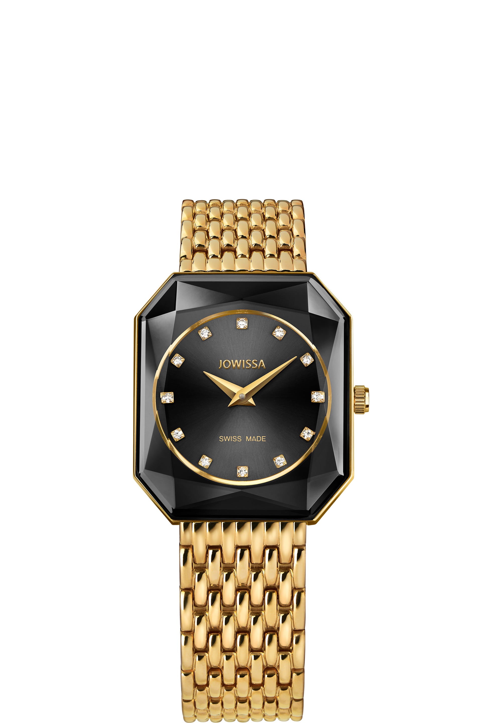 Facet Radiant Swiss Ladies Watch J8.078.M featuring a black and gold rectangular case with rhinestone indices and stainless steel bracelet.