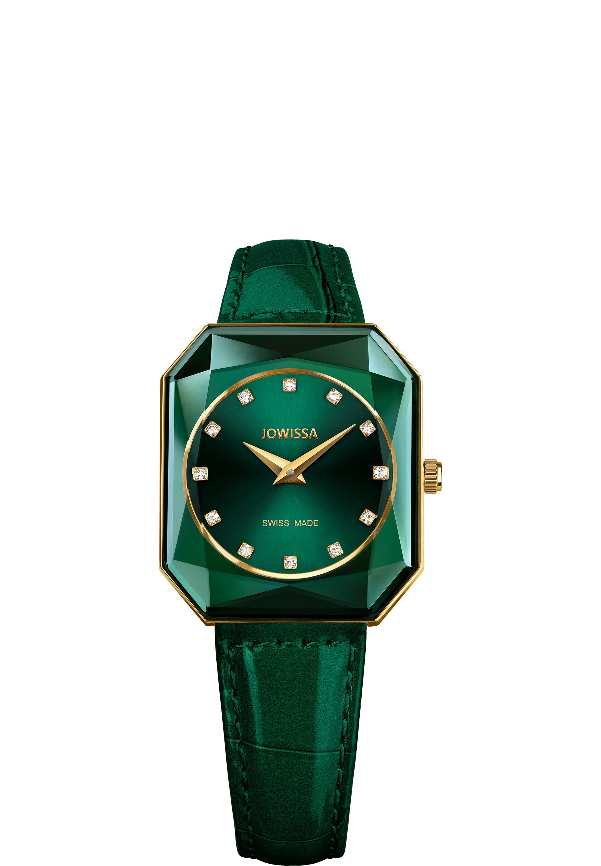 Facet Radiant Swiss Ladies Watch J8.077.M featuring a green dial and leather strap, showcasing elegant design and Swiss craftsmanship.