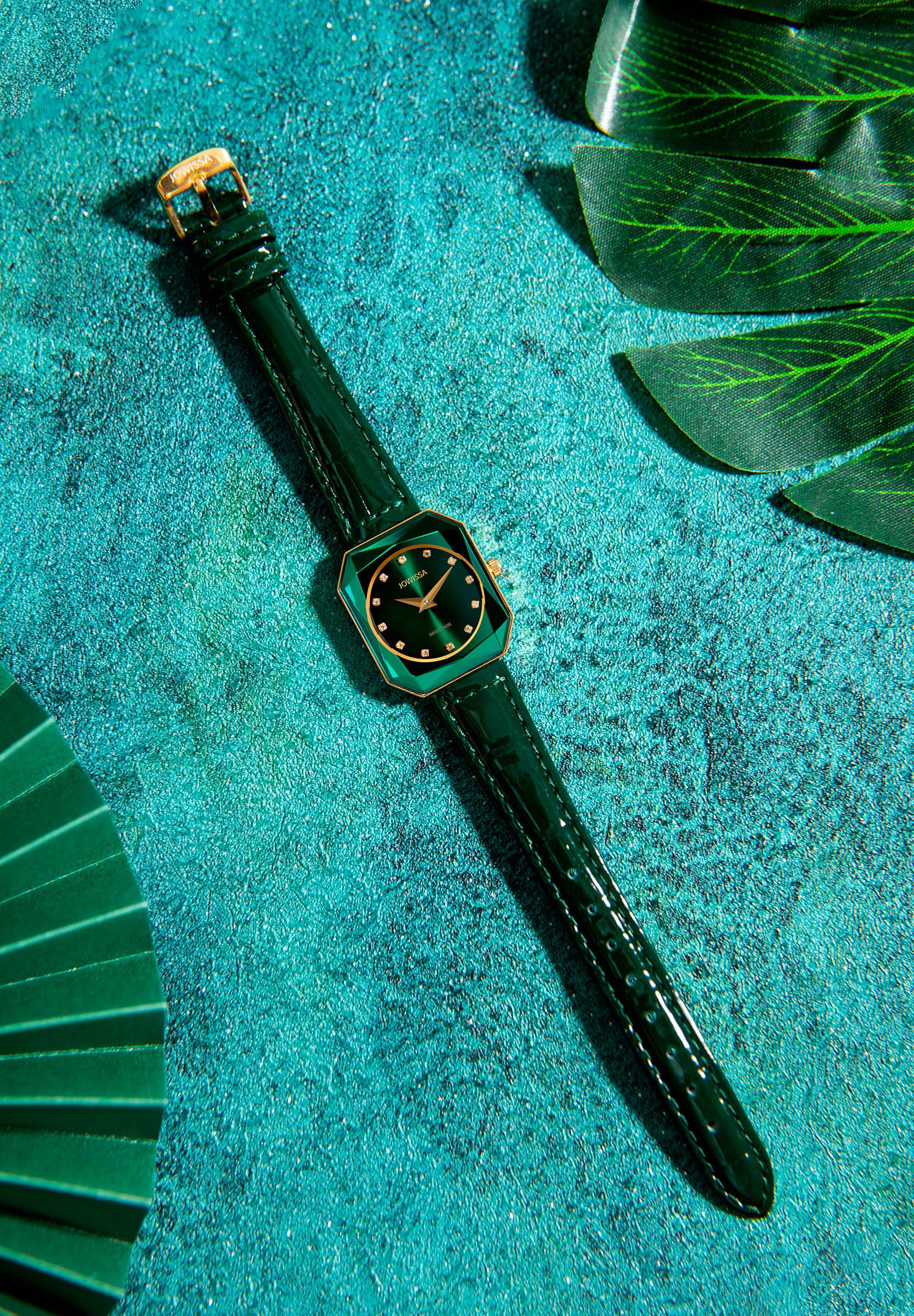 Facet Radiant Swiss Ladies Watch J8.077.M featuring a green dial and leather strap, showcasing elegant design and Swiss craftsmanship.