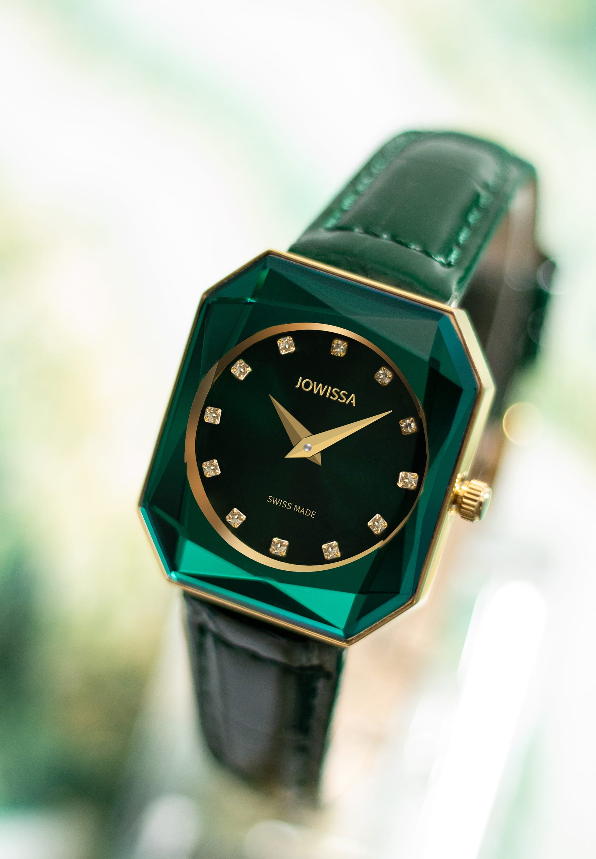 Facet Radiant Swiss Ladies Watch J8.077.M featuring a green dial and leather strap, showcasing elegant design and Swiss craftsmanship.