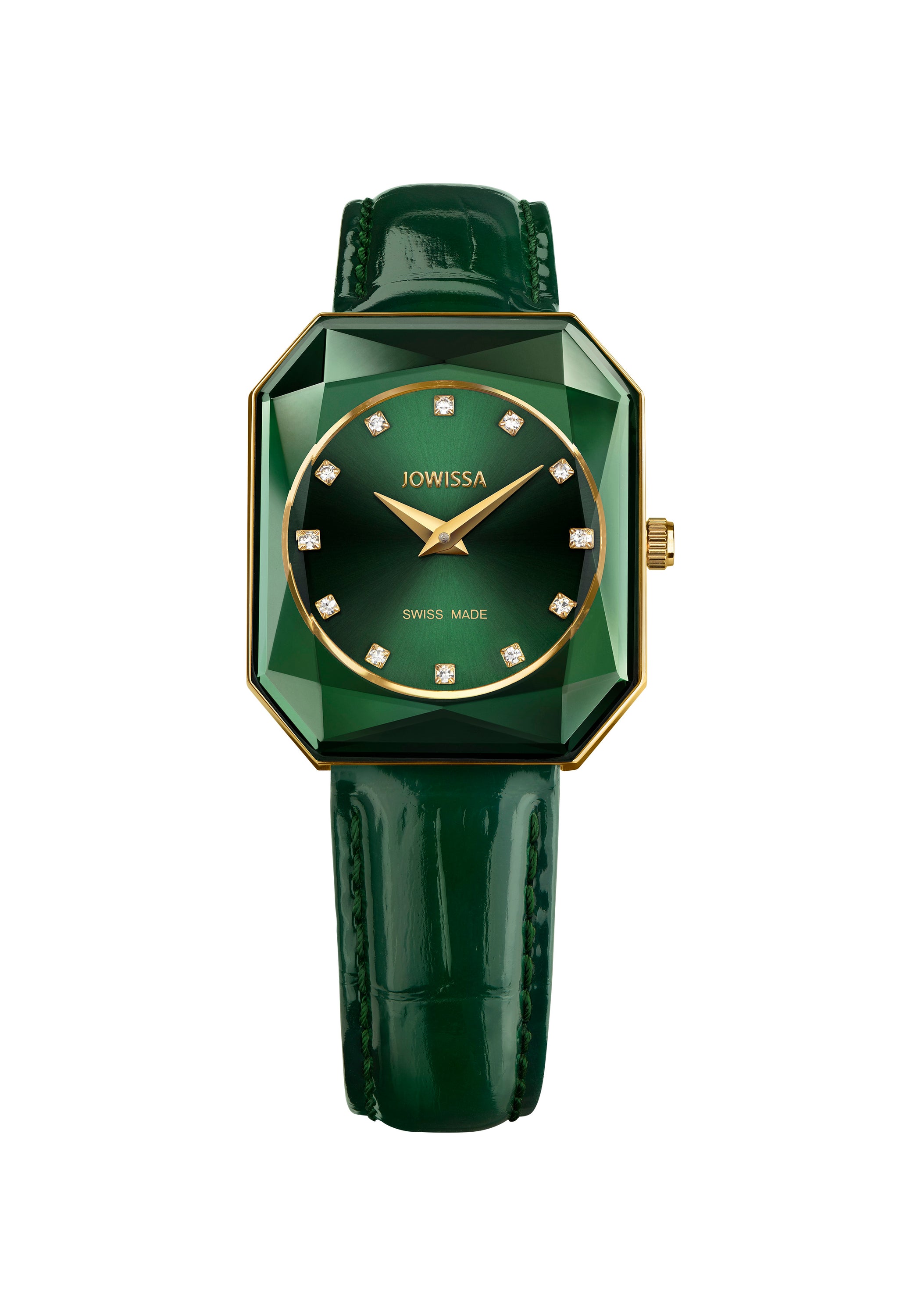 Facet Radiant Swiss Ladies Watch J8.077.M featuring a green dial and leather strap, showcasing elegant design and Swiss craftsmanship.