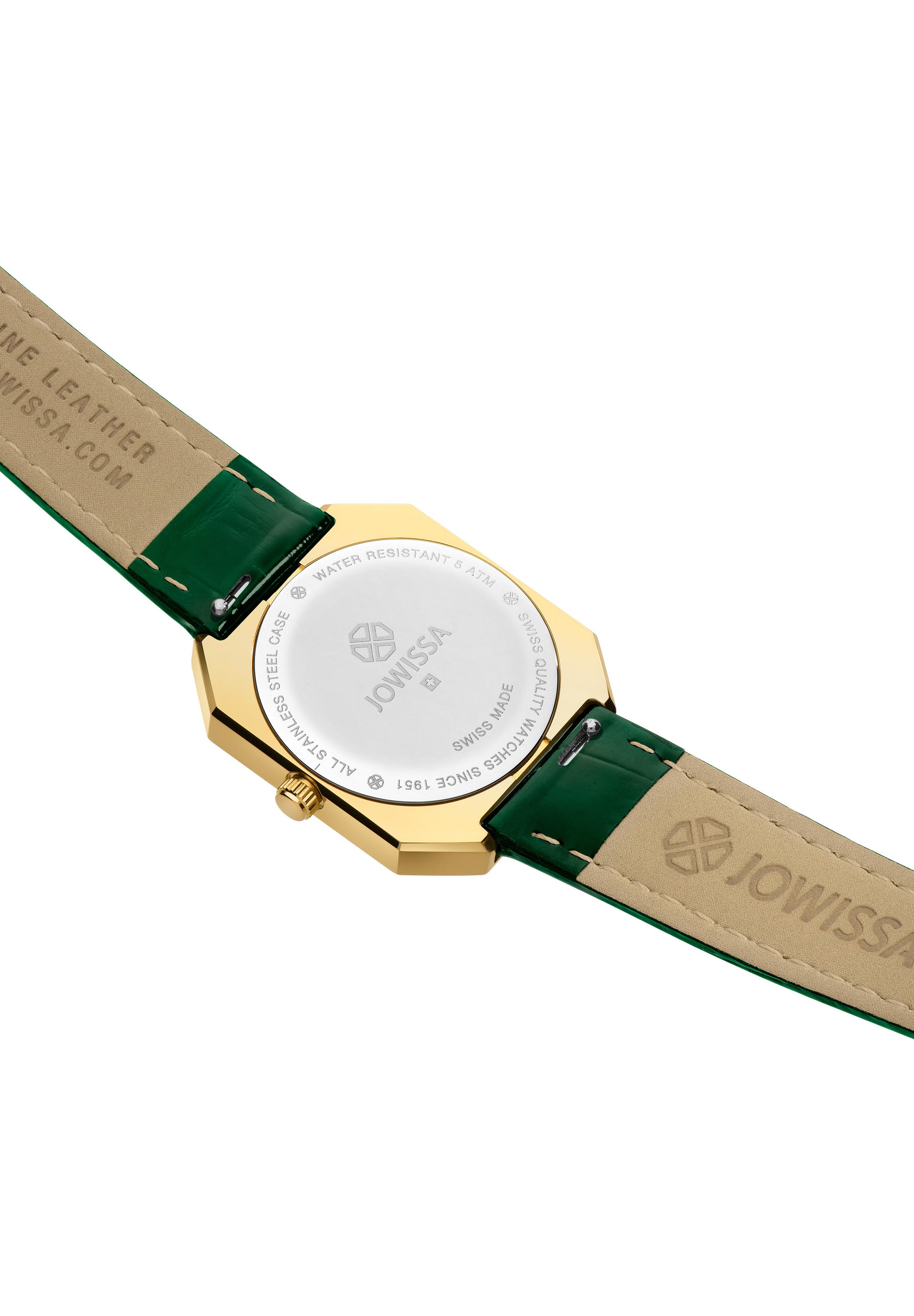 Facet Radiant Swiss Ladies Watch J8.077.M featuring a green dial and leather strap, showcasing elegant design and Swiss craftsmanship.