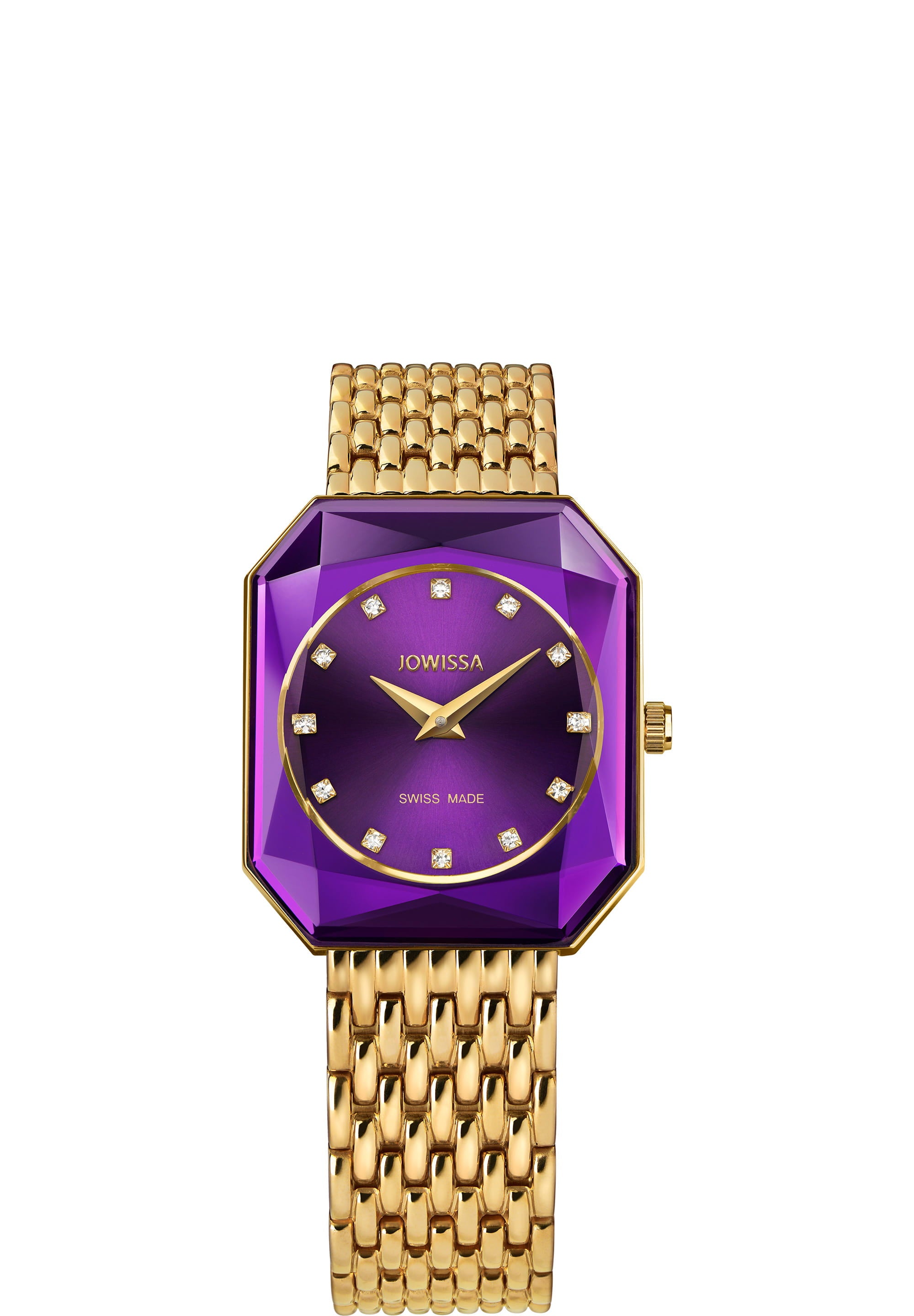 Facet Radiant Swiss Ladies Watch J8.081.M featuring a chic purple bracelet, rectangular case, and elegant rhinestone hour markers.