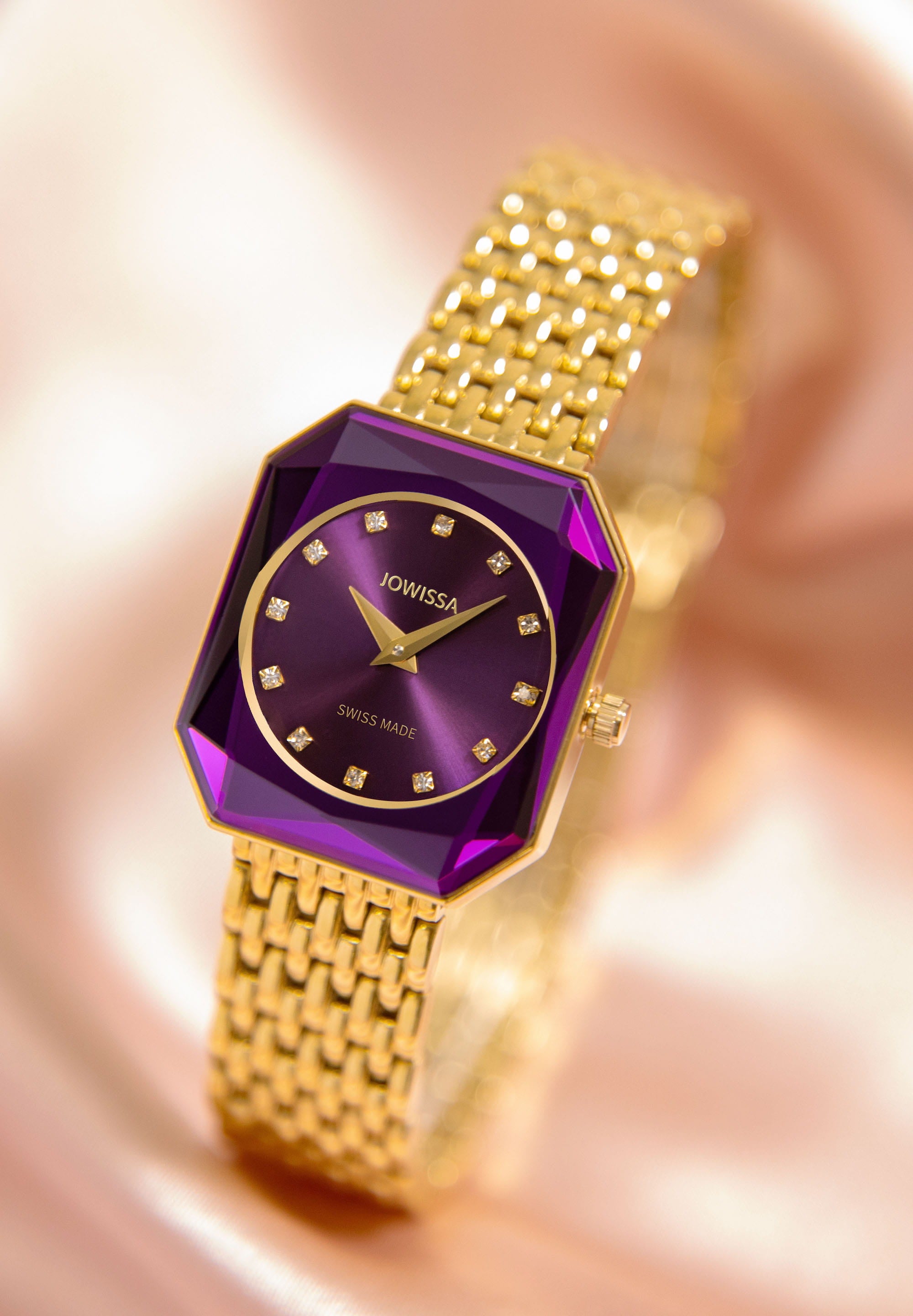 Facet Radiant Swiss Ladies Watch J8.081.M featuring a chic purple bracelet, rectangular case, and elegant rhinestone hour markers.