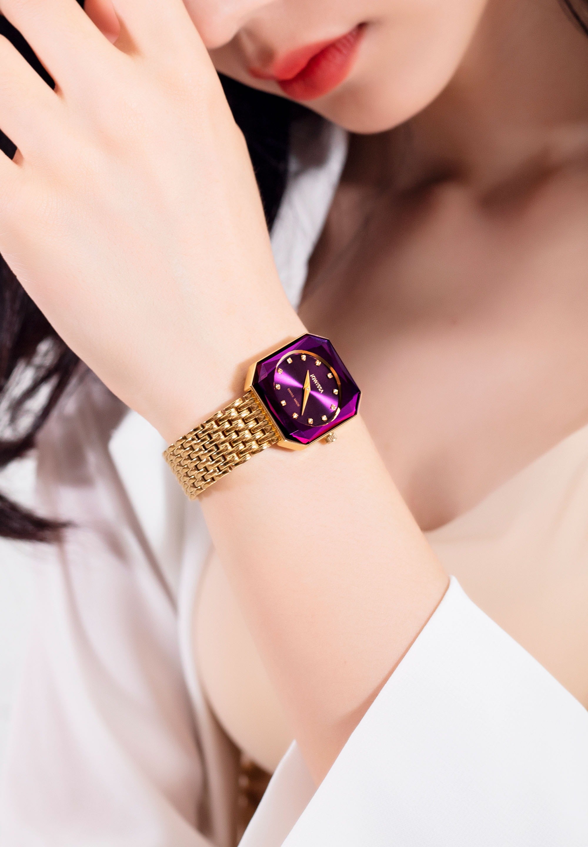 Facet Radiant Swiss Ladies Watch J8.081.M featuring a chic purple bracelet, rectangular case, and elegant rhinestone hour markers.