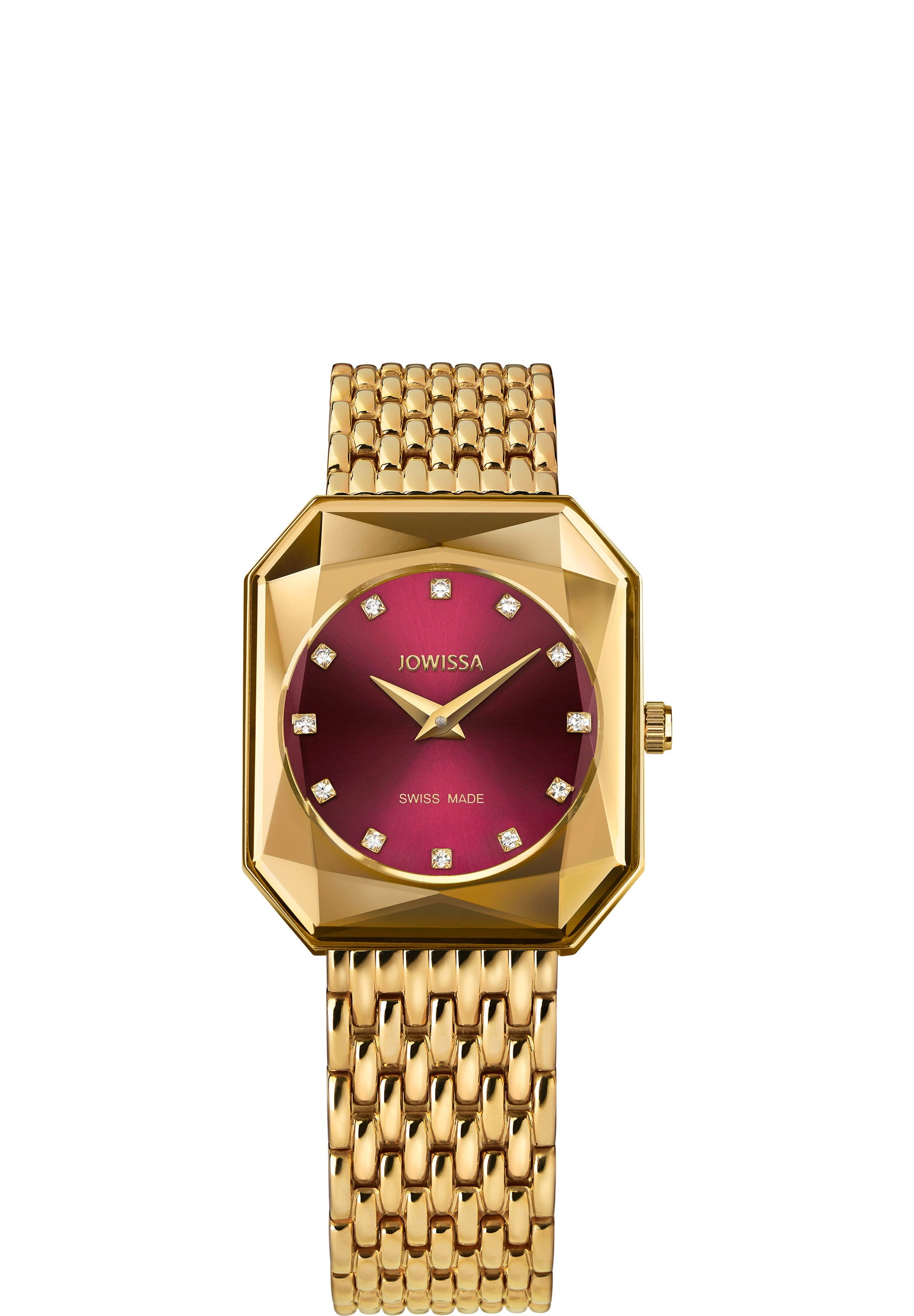 Facet Radiant Swiss Ladies Watch J8.082.M featuring a gold case and red dial with rhinestones.