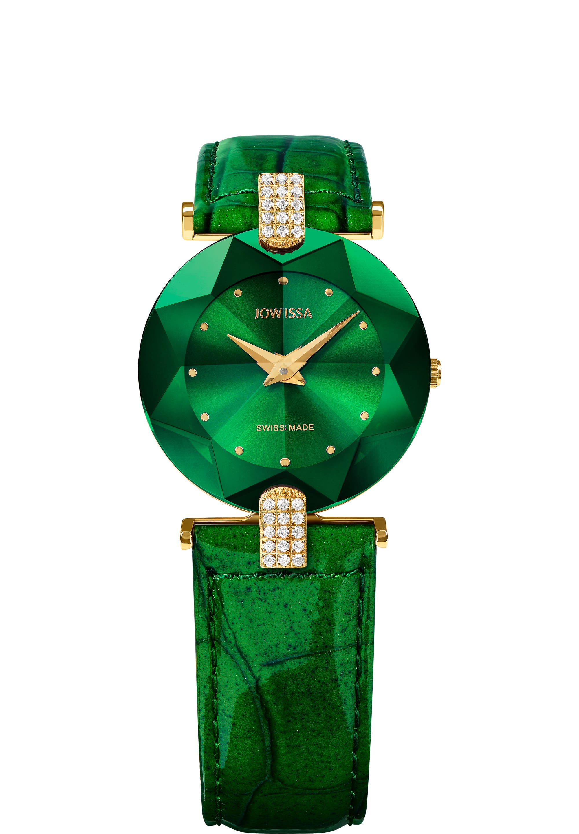 Facet Strass Swiss Ladies Watch J5.244.M featuring a stainless steel case, rhinestone embellishments, and a green alligator-embossed leather strap.