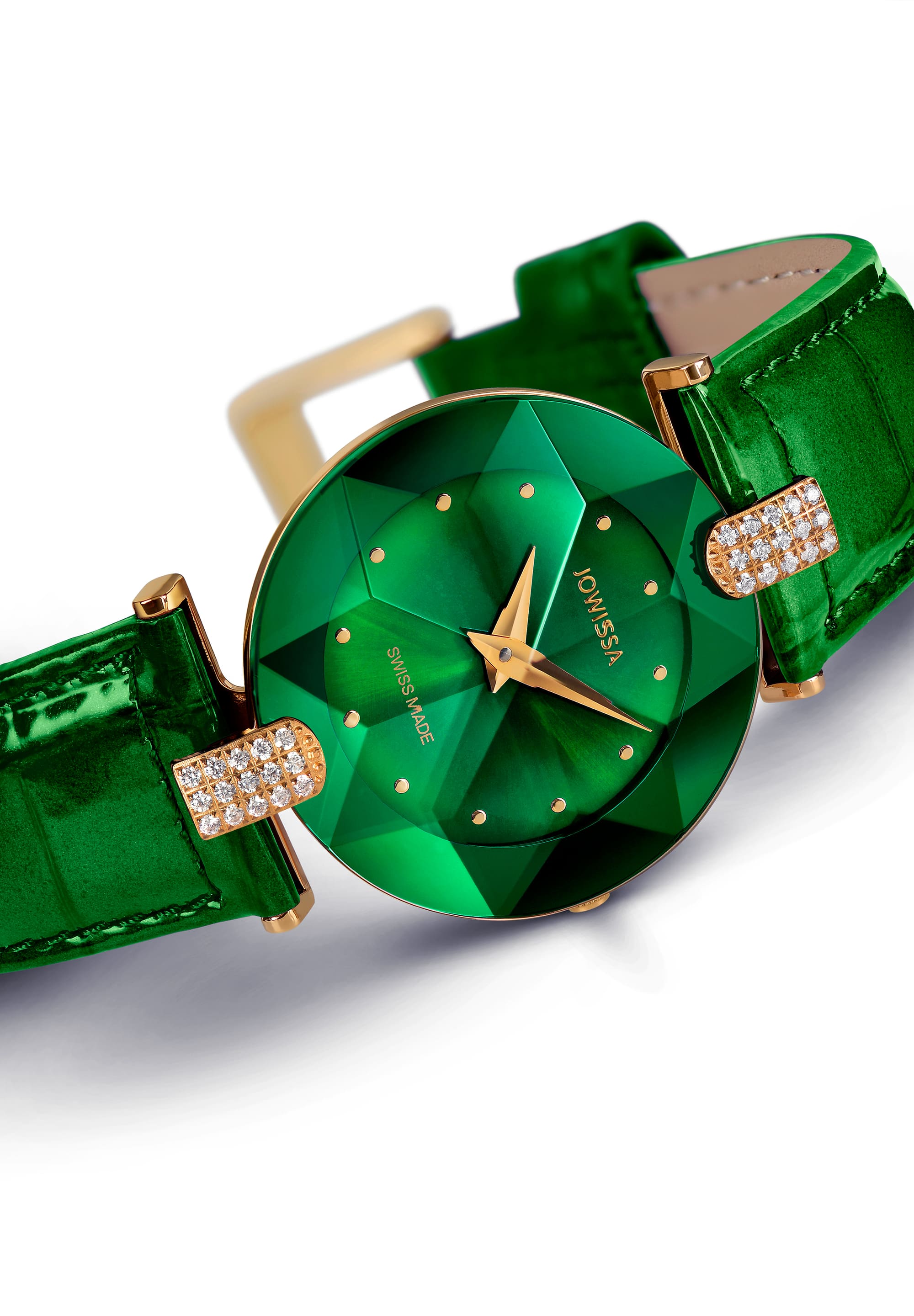 Facet Strass Swiss Ladies Watch J5.244.M featuring a stainless steel case, rhinestone embellishments, and a green alligator-embossed leather strap.