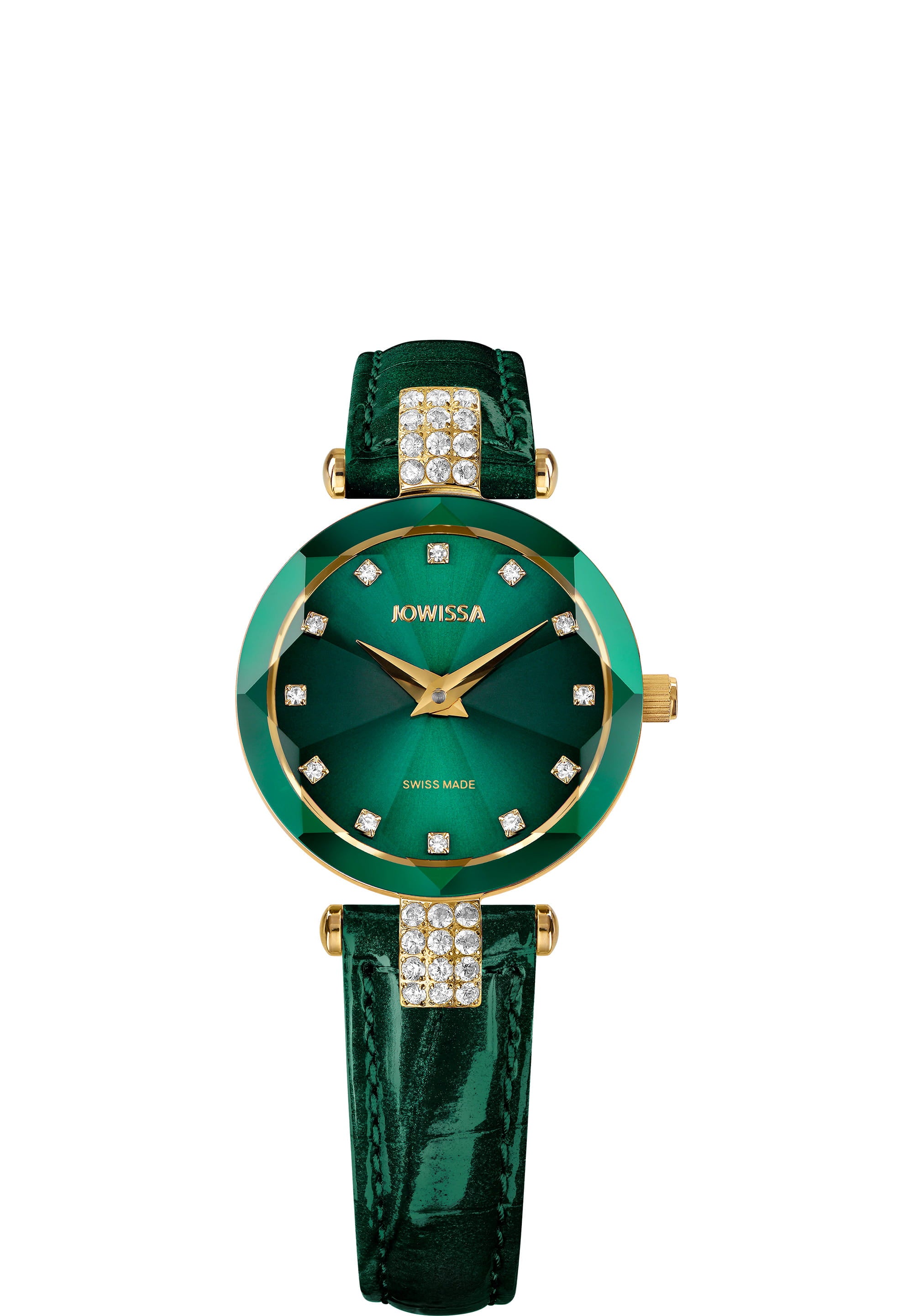 Facet Strass Swiss Ladies Watch J5.496.S featuring emerald green sunray dial, Strass stones, and blue crocodile leather strap.