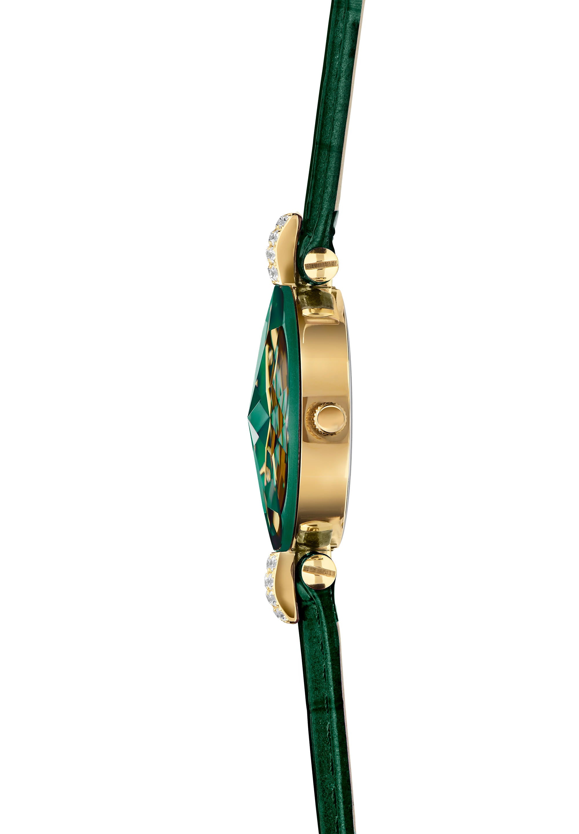 Facet Strass Swiss Ladies Watch J5.496.S featuring emerald green sunray dial, Strass stones, and blue crocodile leather strap.