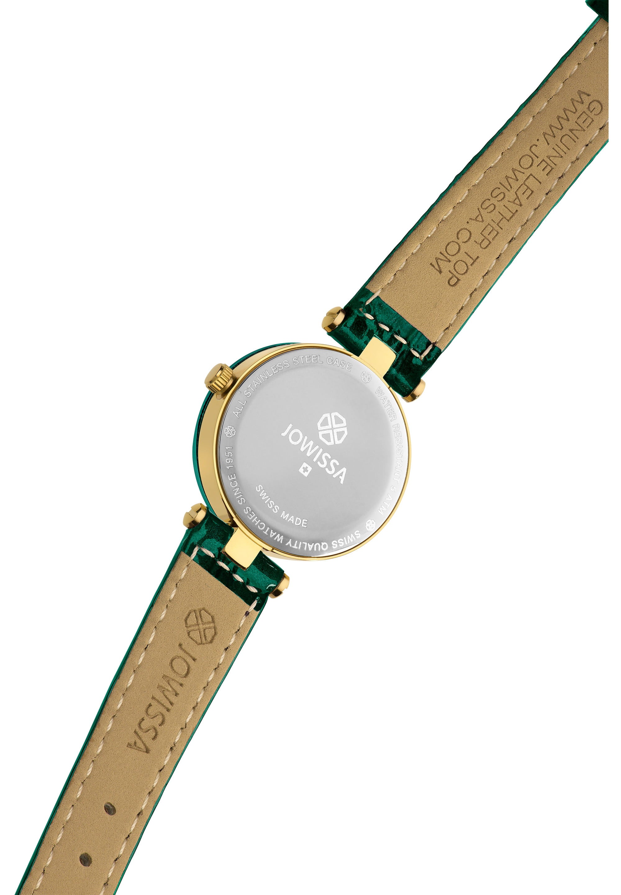 Facet Strass Swiss Ladies Watch J5.496.S featuring emerald green sunray dial, Strass stones, and blue crocodile leather strap.