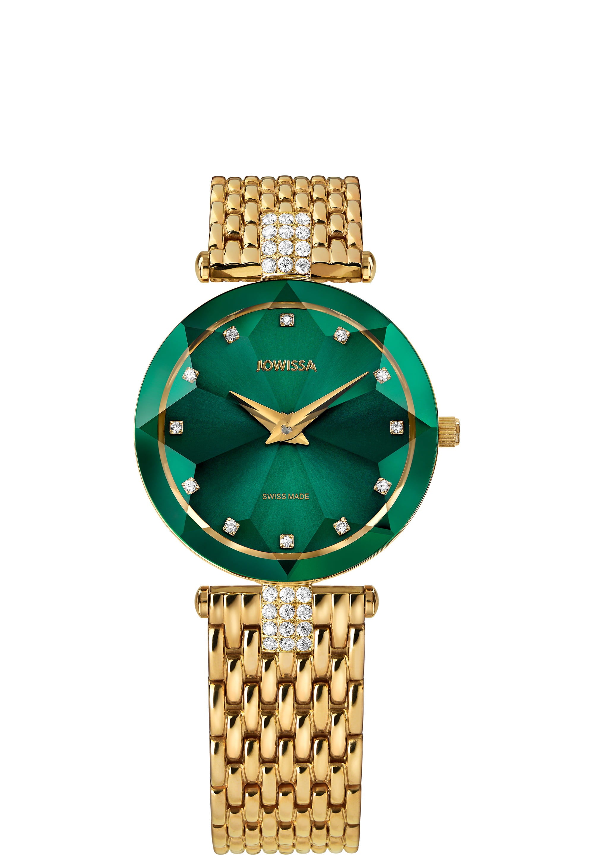 Facet Strass Swiss Ladies Watch J5.497.M featuring an emerald green sunray dial, diamond-cut crystal, and gold mesh bracelet.