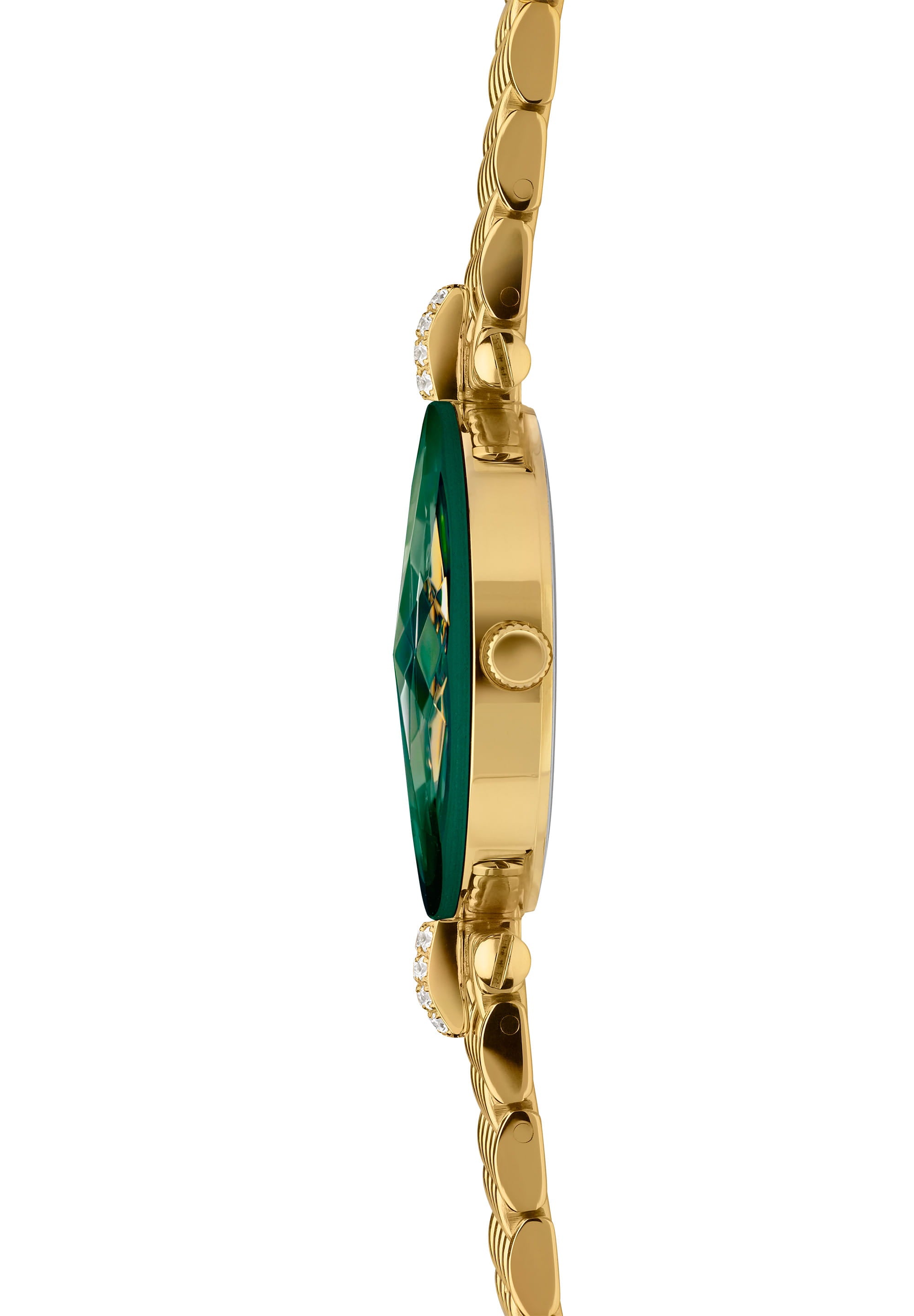 Facet Strass Swiss Ladies Watch J5.497.M featuring an emerald green sunray dial, diamond-cut crystal, and gold mesh bracelet.