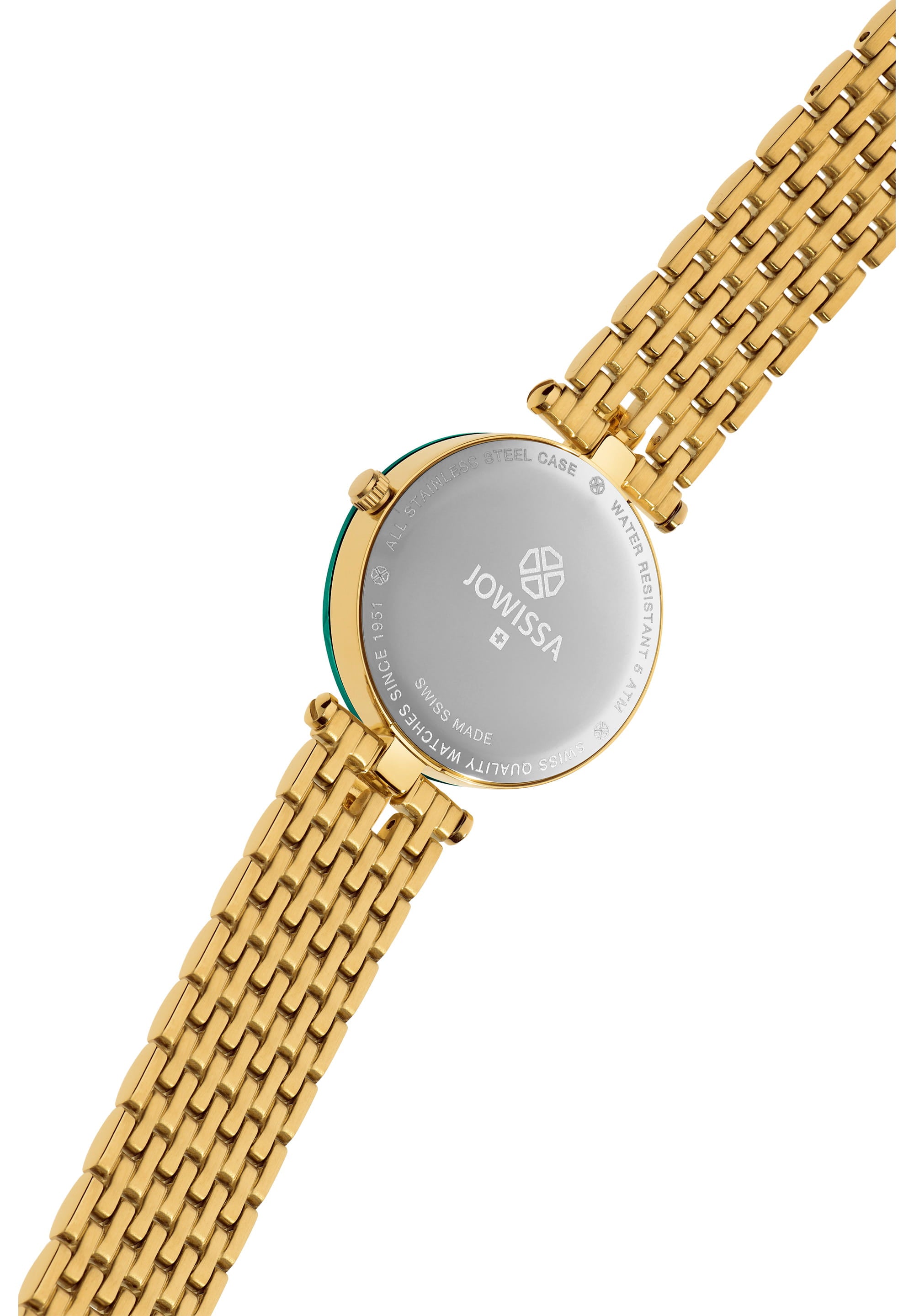 Facet Strass Swiss Ladies Watch J5.497.M featuring an emerald green sunray dial, diamond-cut crystal, and gold mesh bracelet.