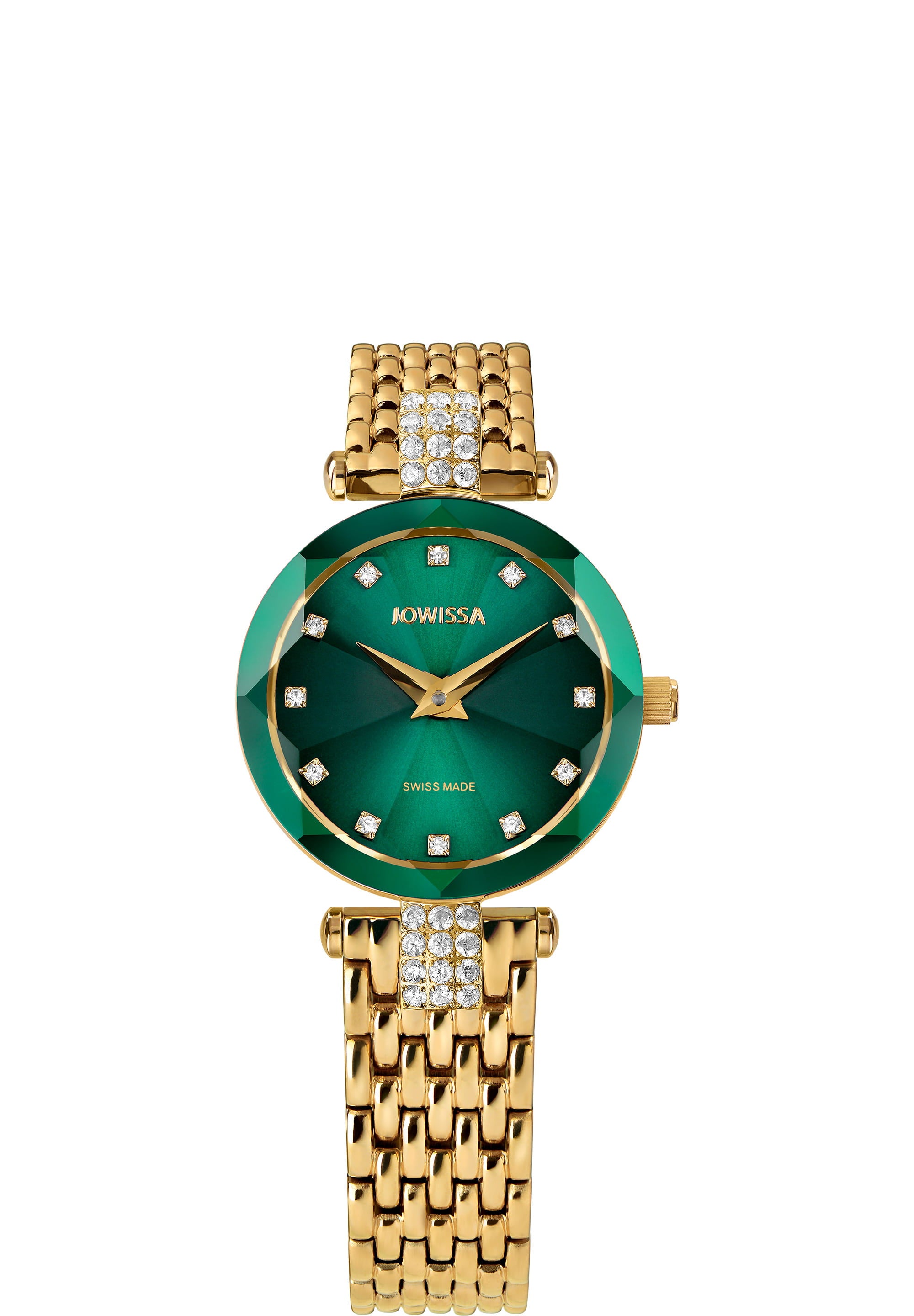 Facet Strass Swiss Ladies Watch J5.497.S featuring emerald green sunray dial and gold mesh bracelet.