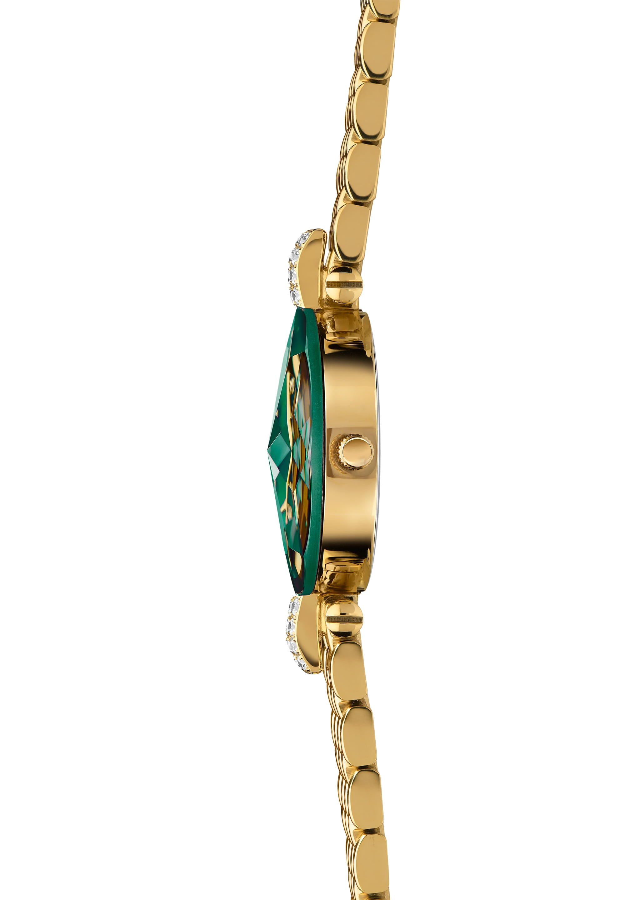 Facet Strass Swiss Ladies Watch J5.497.S featuring emerald green sunray dial and gold mesh bracelet.