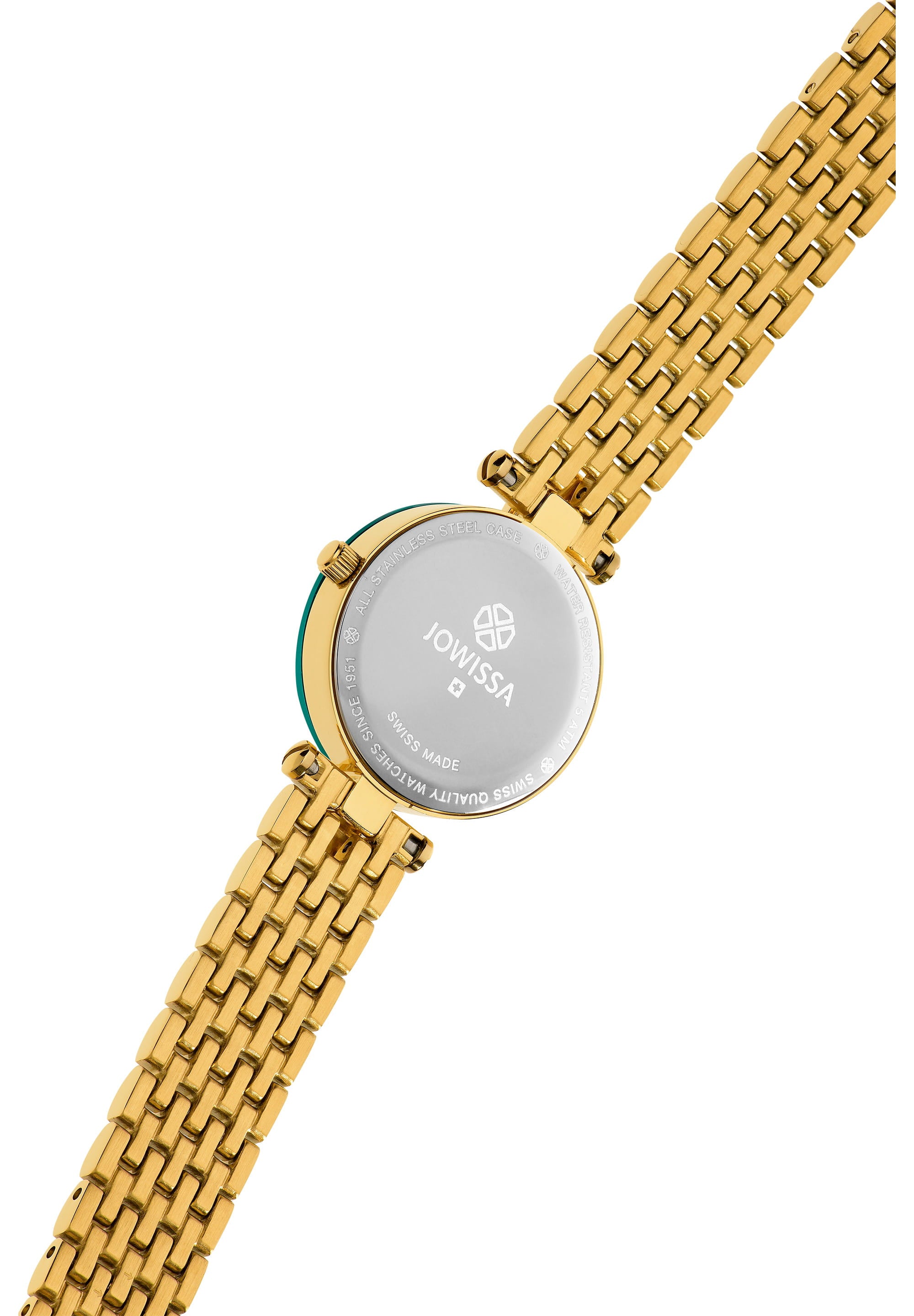 Facet Strass Swiss Ladies Watch J5.497.S featuring emerald green sunray dial and gold mesh bracelet.