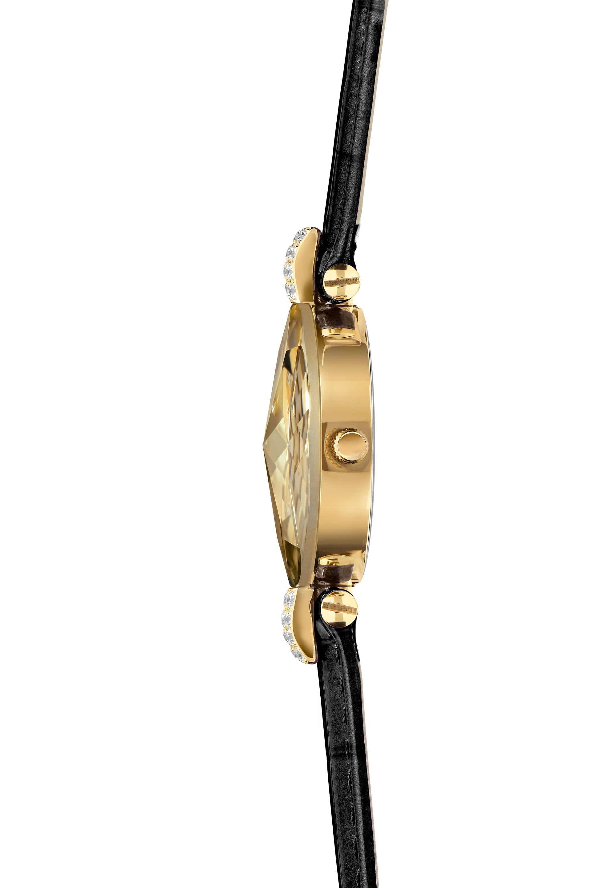 Facet Strass Swiss Ladies Watch J5.615.S featuring a gold sunray dial, diamond-cut crystal, and glossy leather strap, perfect for elegant occasions.