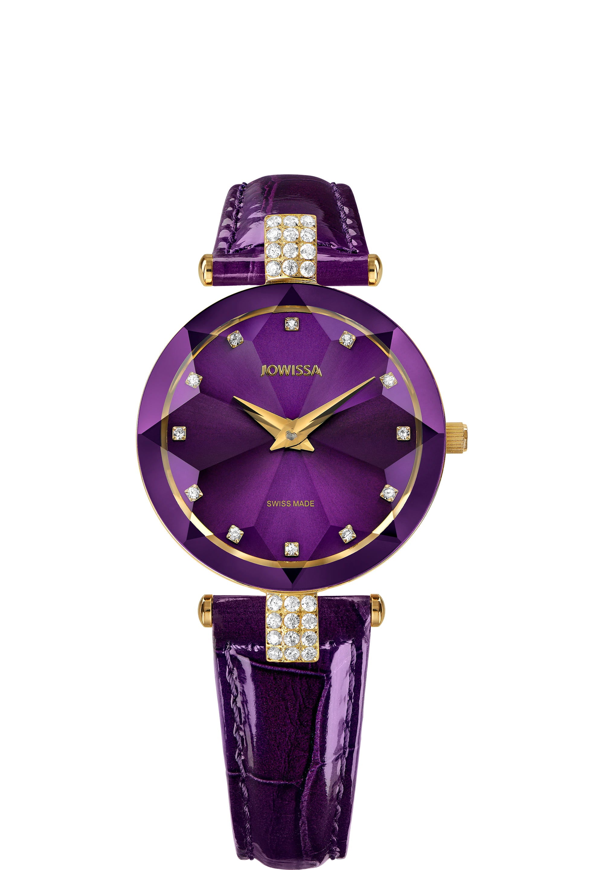 Facet Strass Swiss Ladies Watch J5.616.M featuring a purple sunray dial, rhinestone embellishments, and a crocodile-embossed leather strap.