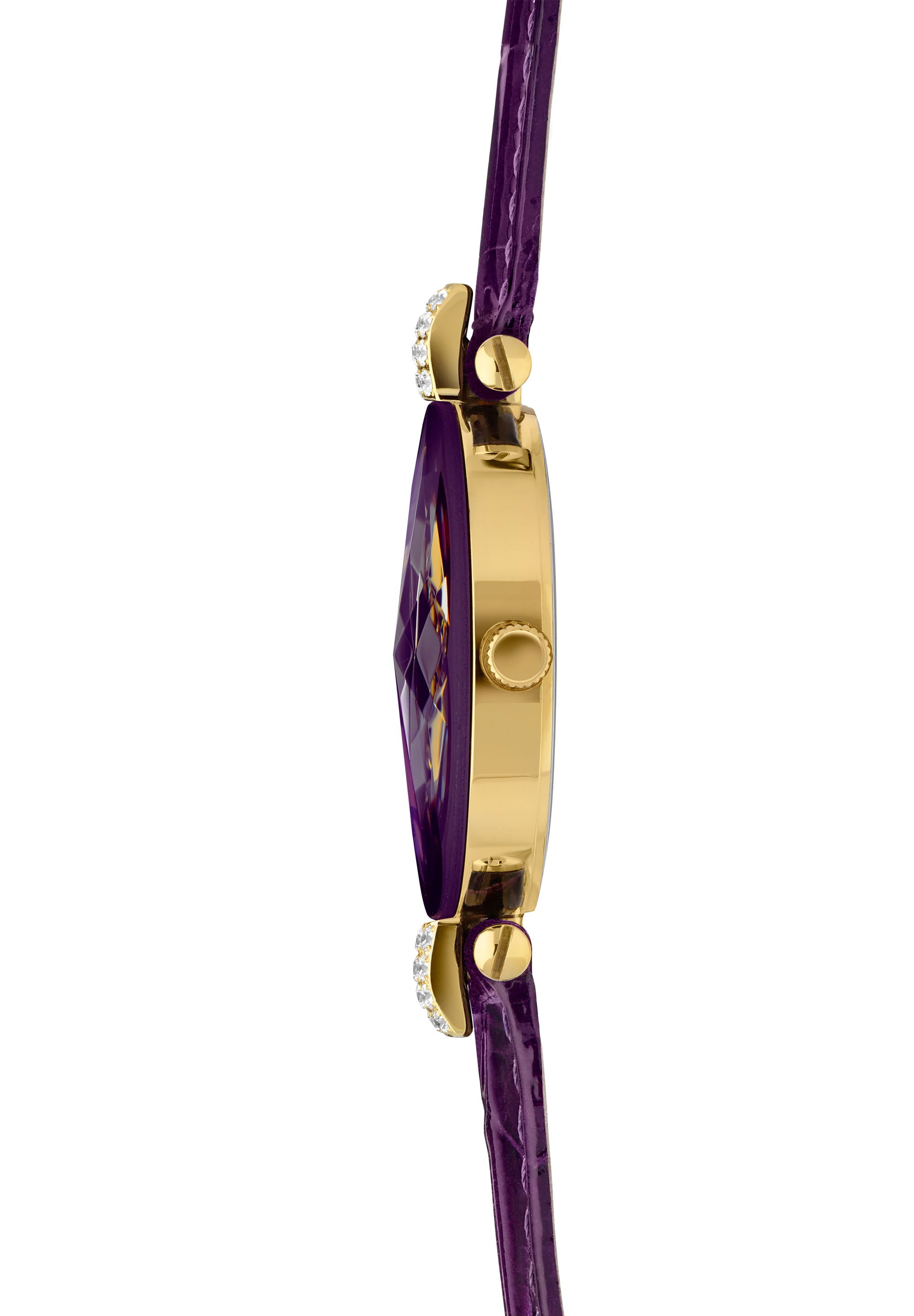 Facet Strass Swiss Ladies Watch J5.616.M featuring a purple sunray dial, rhinestone embellishments, and a crocodile-embossed leather strap.