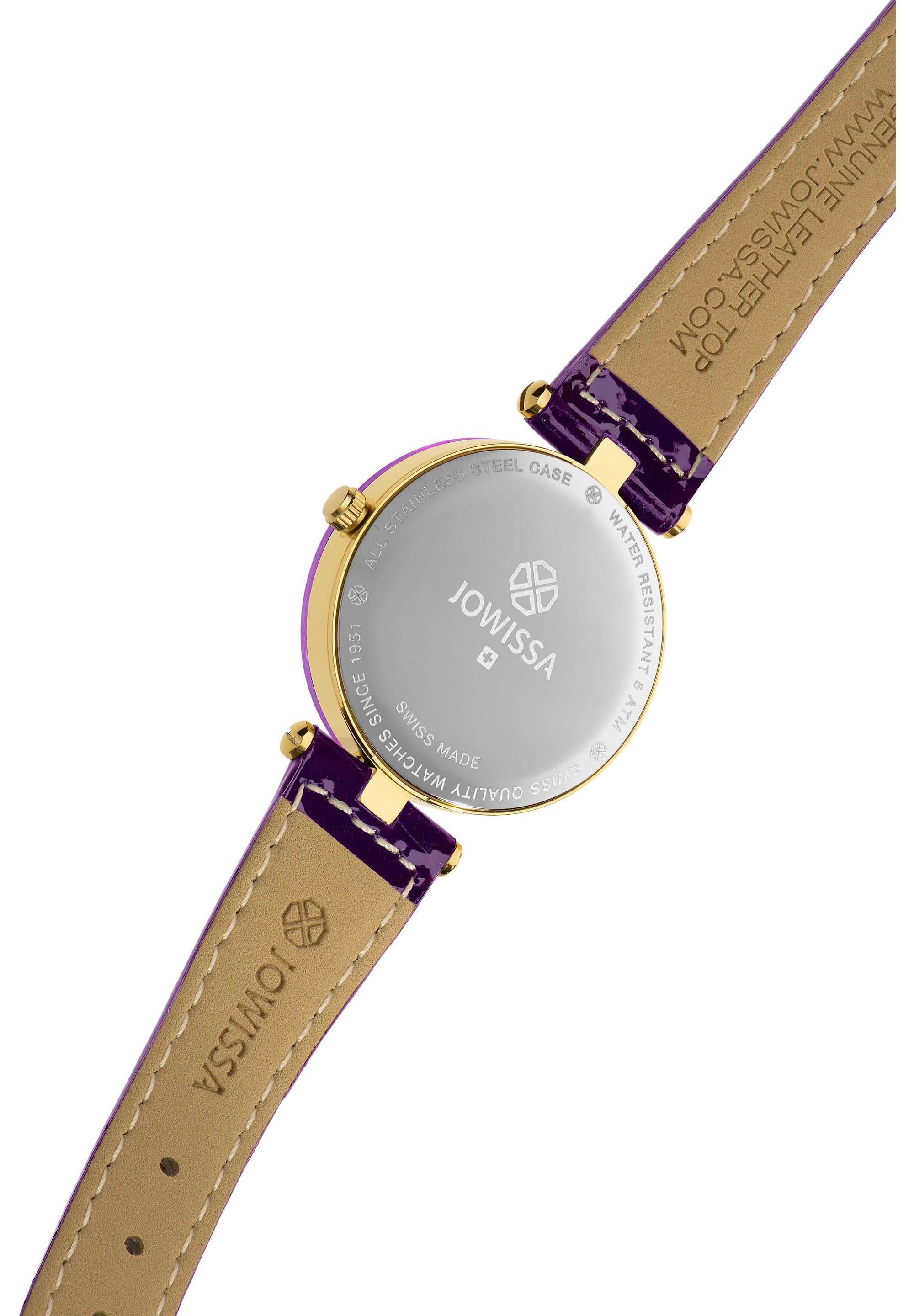 Facet Strass Swiss Ladies Watch J5.616.M featuring a purple sunray dial, rhinestone embellishments, and a crocodile-embossed leather strap.