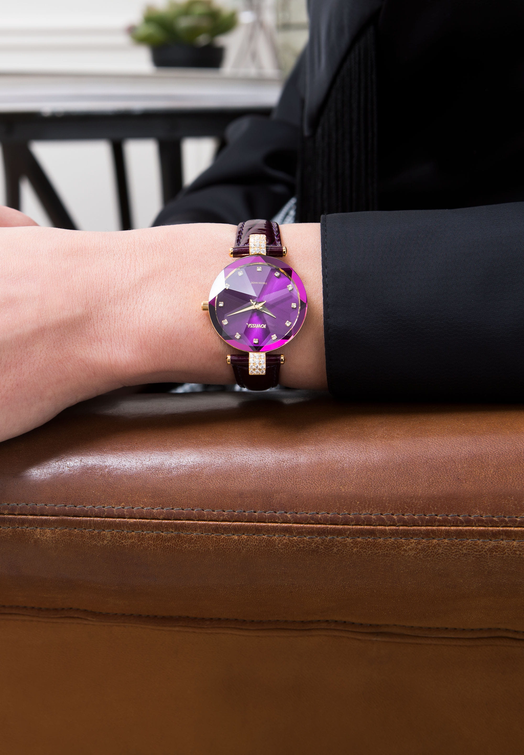 Facet Strass Swiss Ladies Watch J5.616.M featuring a purple sunray dial, rhinestone embellishments, and a crocodile-embossed leather strap.