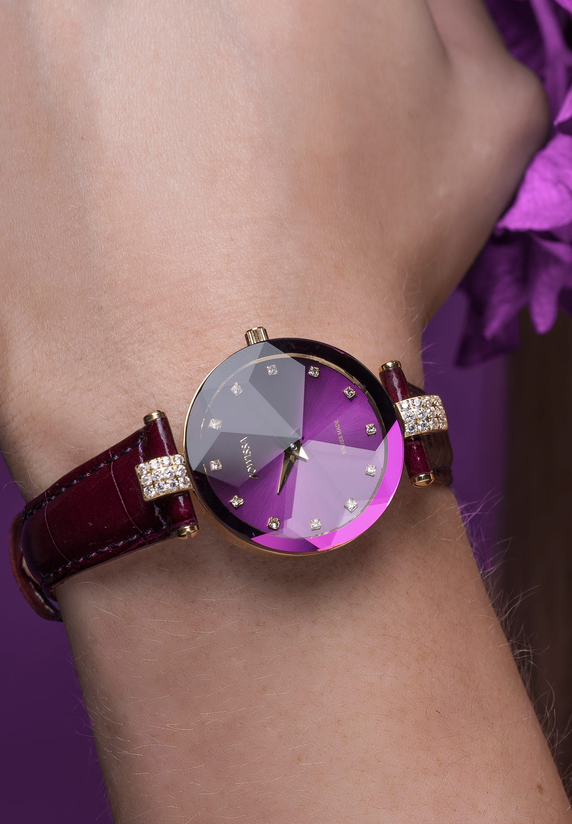 Facet Strass Swiss Ladies Watch J5.616.M featuring a purple sunray dial, rhinestone embellishments, and a crocodile-embossed leather strap.