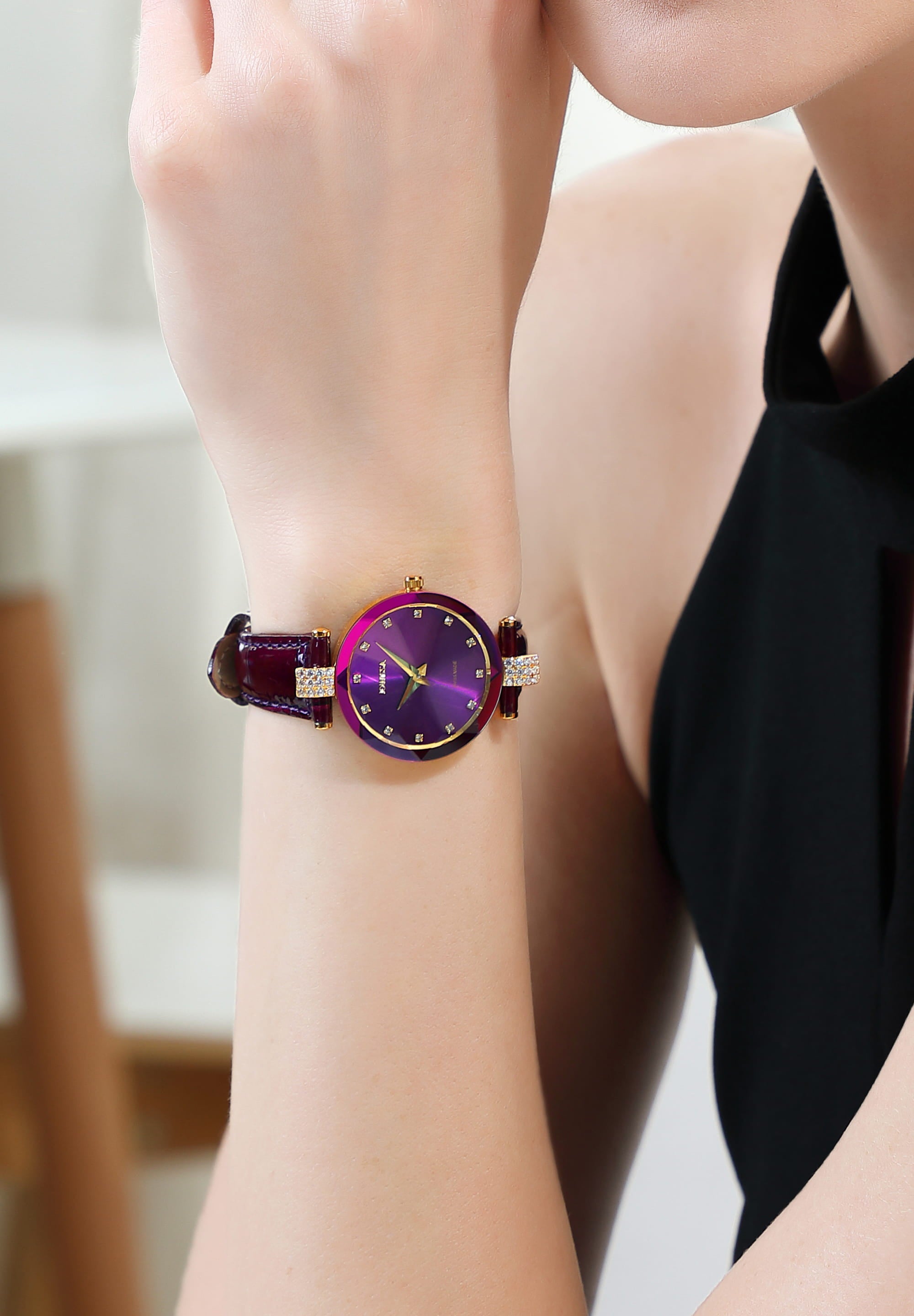 Facet Strass Swiss Ladies Watch J5.616.M featuring a purple sunray dial, rhinestone embellishments, and a crocodile-embossed leather strap.