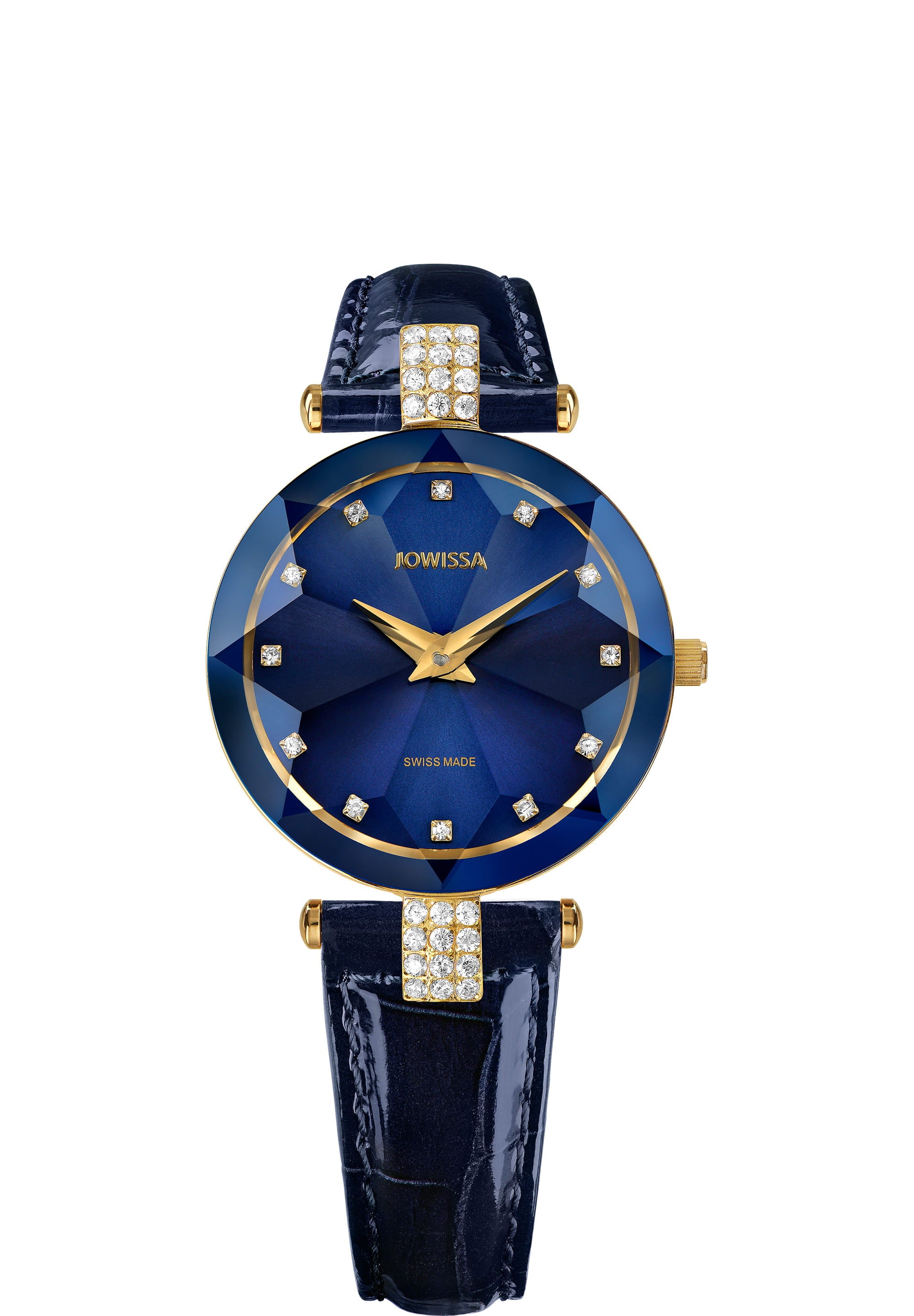 Facet Strass Swiss Ladies Watch J5.617.M featuring a blue sunray dial, Strass stones, and a crocodile leather strap, showcasing luxury and elegance.