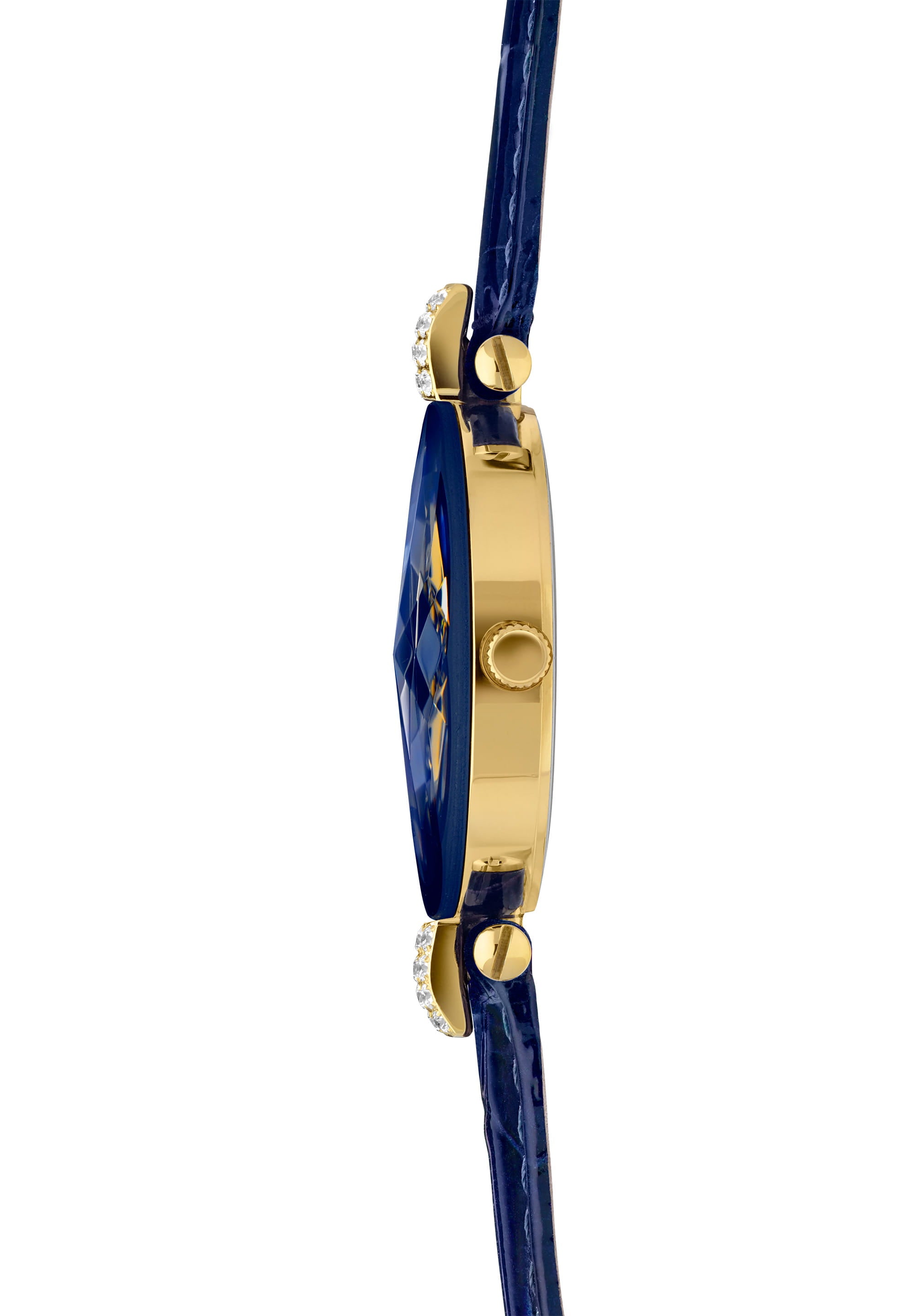 Facet Strass Swiss Ladies Watch J5.617.M featuring a blue sunray dial, Strass stones, and a crocodile leather strap, showcasing luxury and elegance.