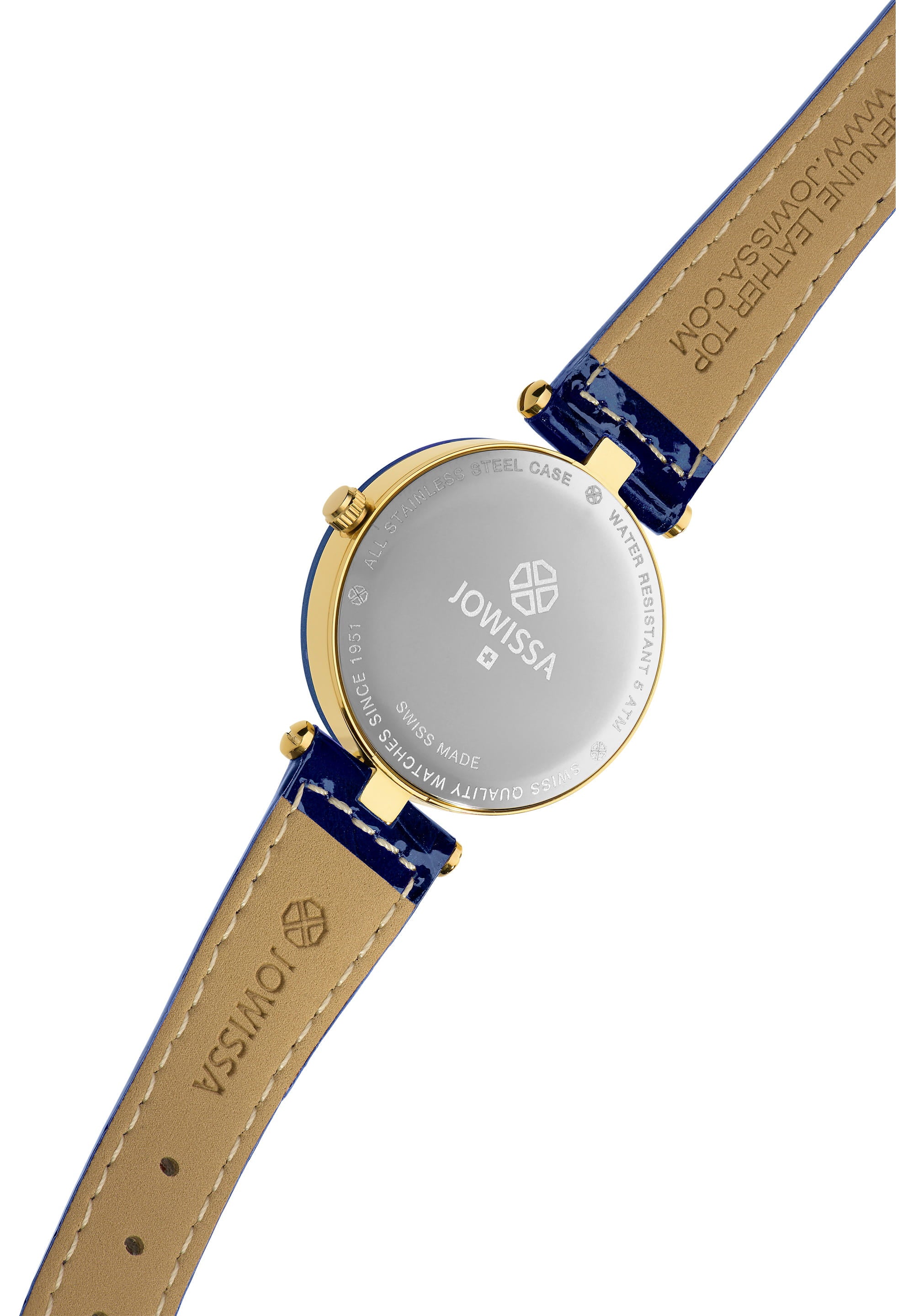 Facet Strass Swiss Ladies Watch J5.617.M featuring a blue sunray dial, Strass stones, and a crocodile leather strap, showcasing luxury and elegance.