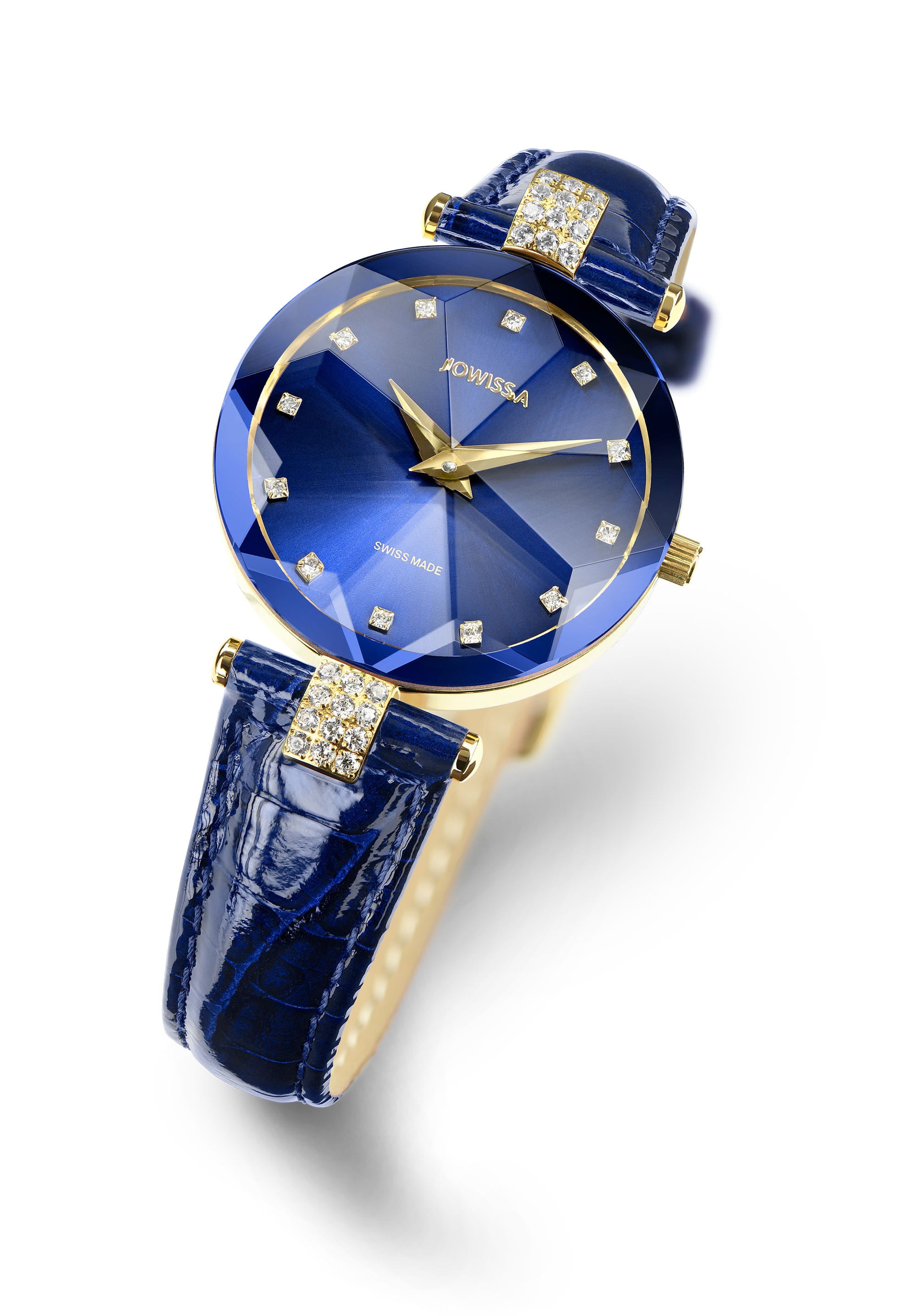 Facet Strass Swiss Ladies Watch J5.617.M featuring a blue sunray dial, Strass stones, and a crocodile leather strap, showcasing luxury and elegance.