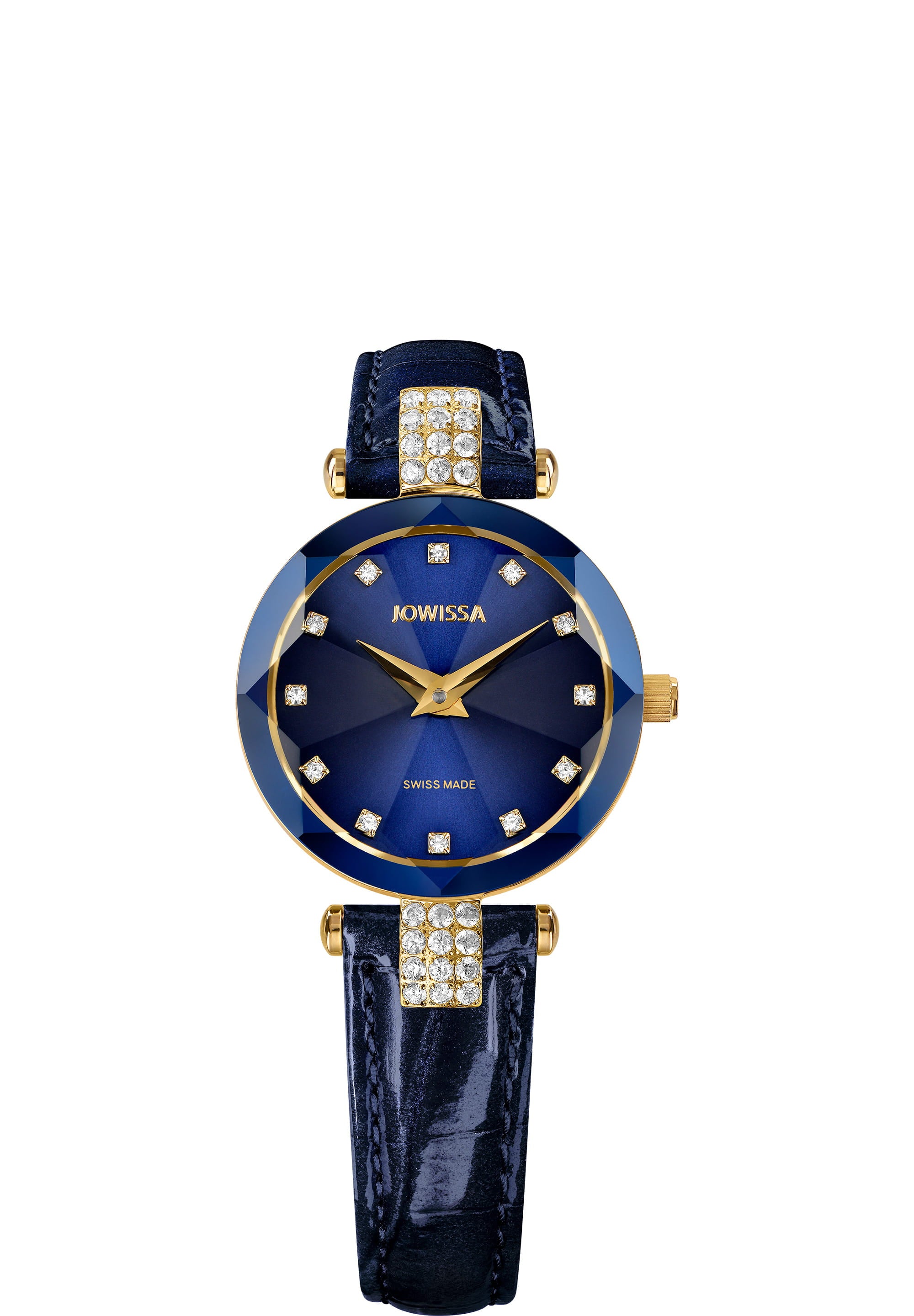 Facet Strass Swiss Ladies Watch J5.617.S featuring an ocean-blue sunray dial, Strass stones, and a crocodile leather strap.