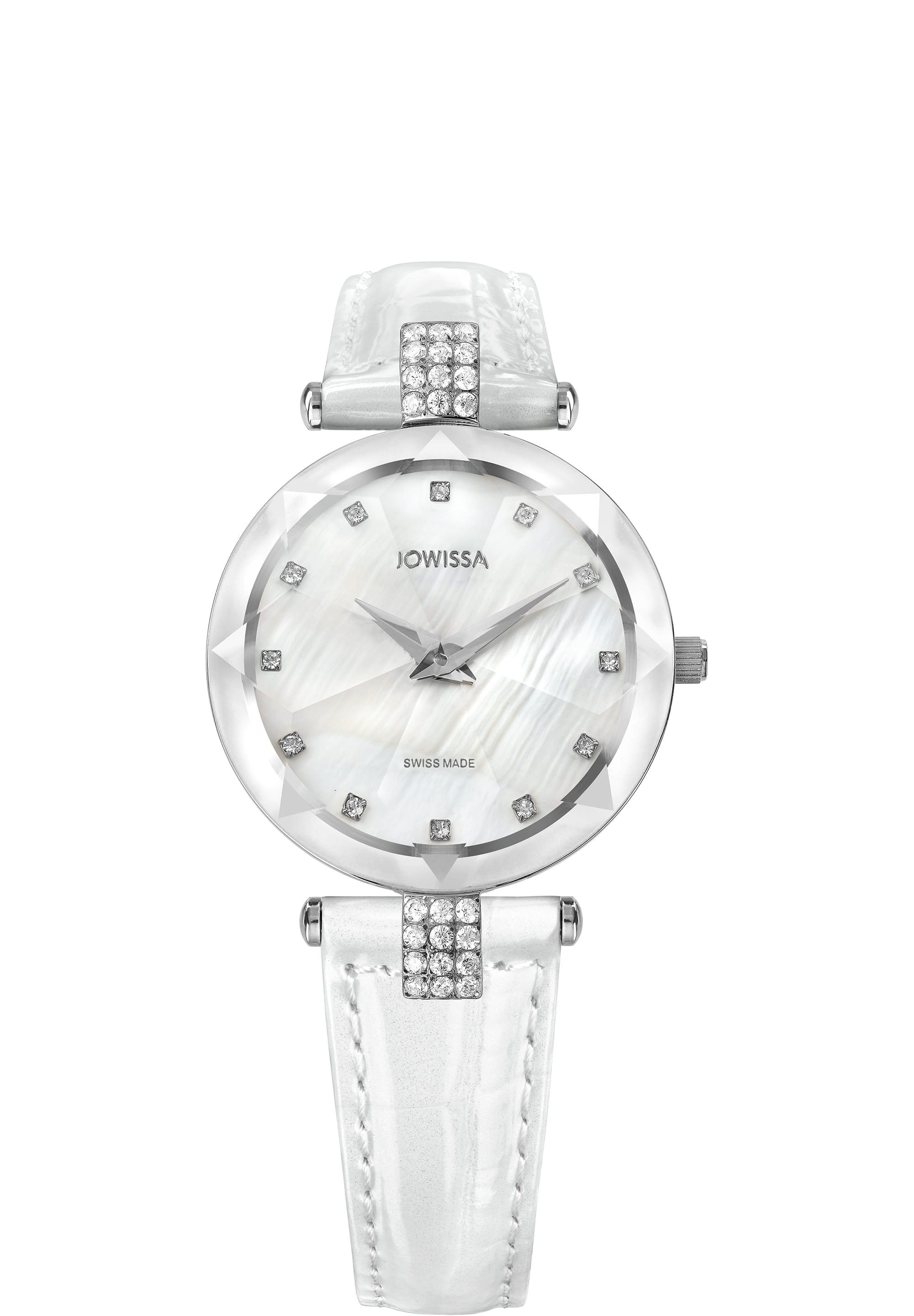 Facet Strass Swiss Ladies Watch J5.619.M featuring a white mother-of-pearl dial, stainless steel case with rhinestones, and a glossy crocodile leather strap.