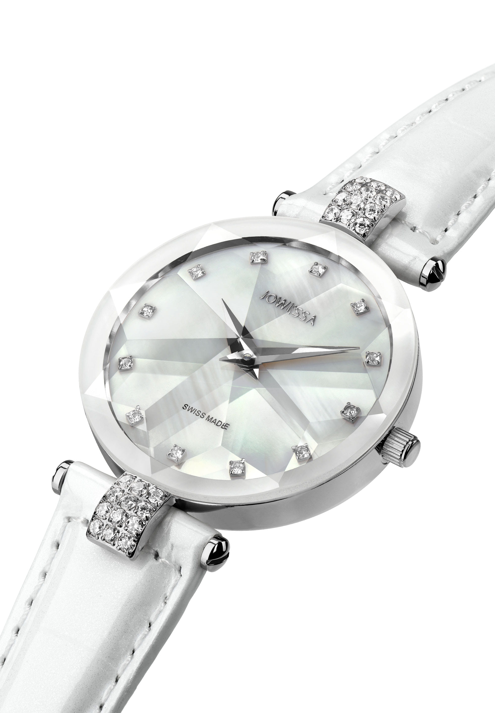 Facet Strass Swiss Ladies Watch J5.619.M featuring a white mother-of-pearl dial, stainless steel case with rhinestones, and a glossy crocodile leather strap.