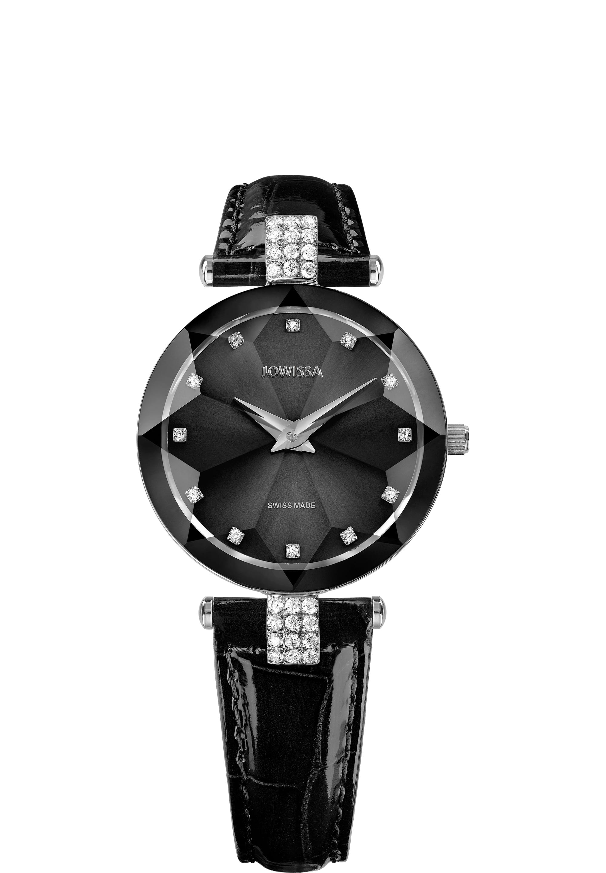 Facet Strass Swiss Ladies Watch J5.620.M featuring a black sunray dial, stainless steel case with rhinestones, and a glossy leather strap.