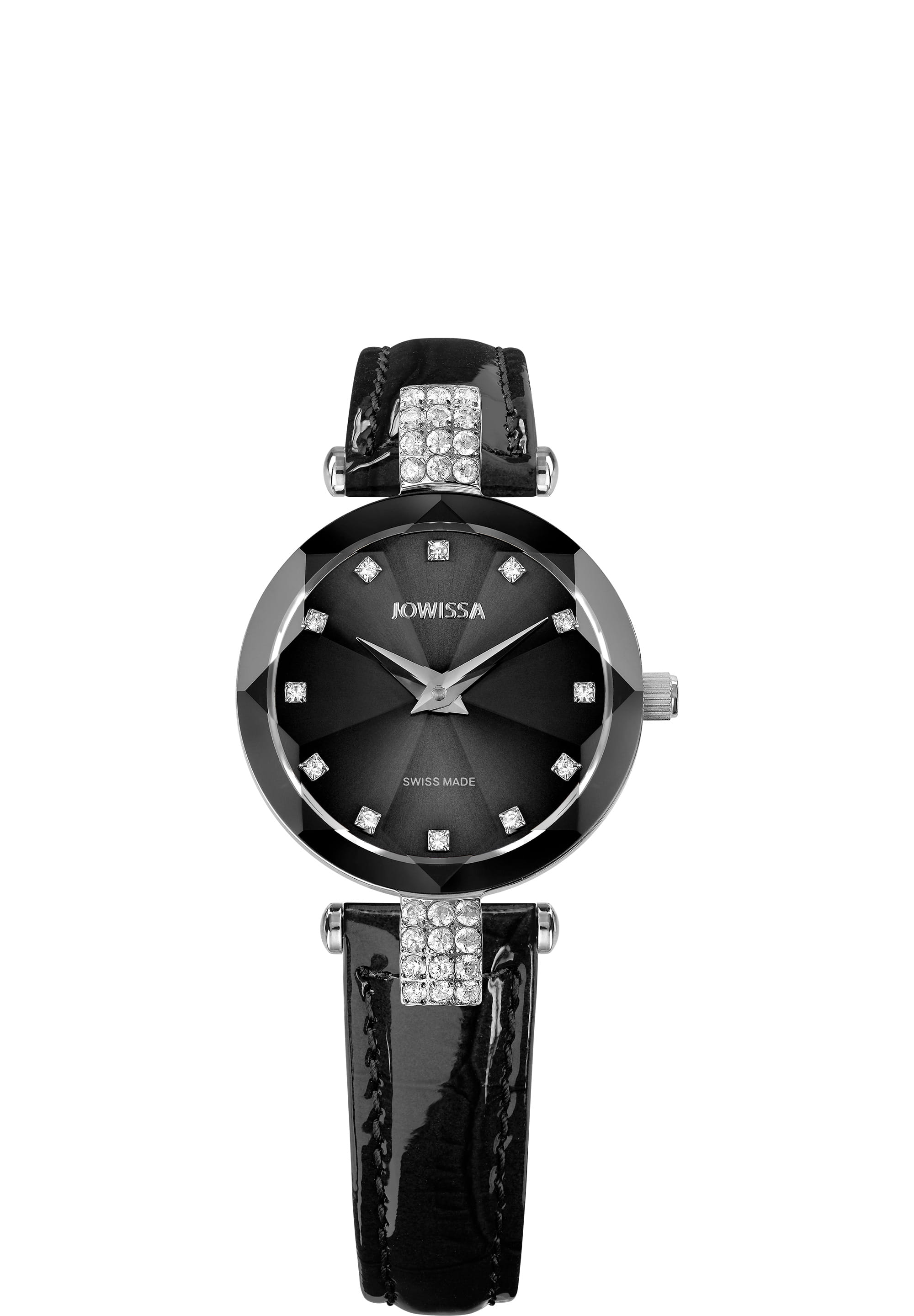 Facet Strass Swiss Ladies Watch J5.620.S featuring a black sunray dial, rhinestones, and a glossy leather strap.