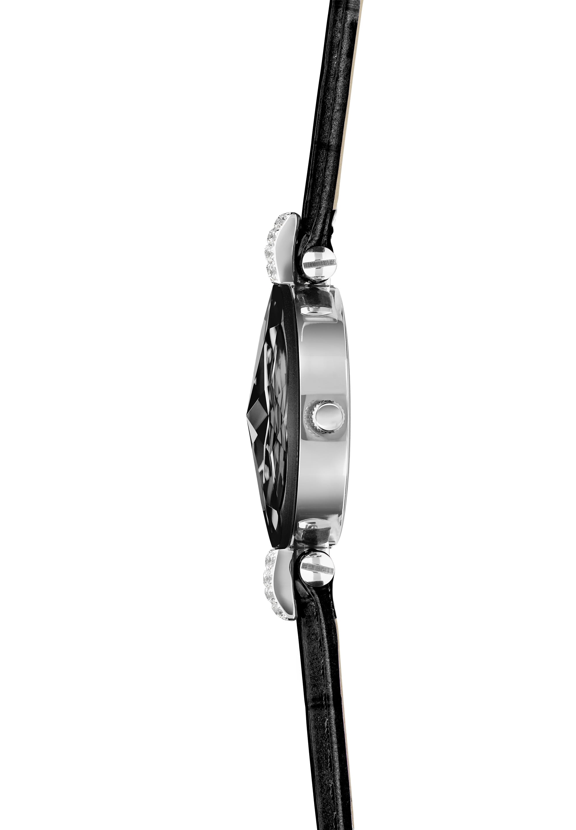 Facet Strass Swiss Ladies Watch J5.620.S featuring a black sunray dial, rhinestones, and a glossy leather strap.