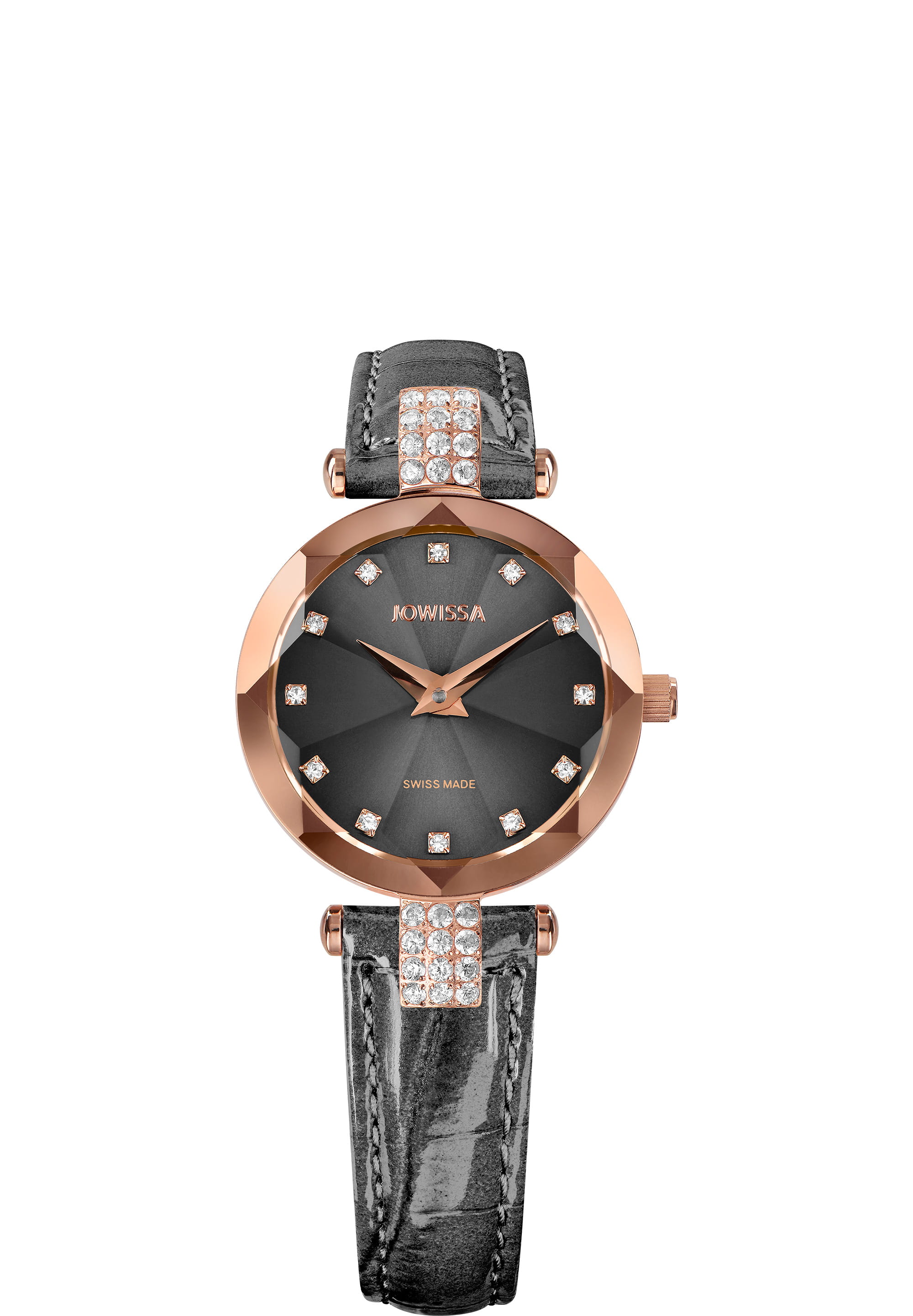 Facet Strass Swiss Ladies Watch J5.627.S featuring a black sunray dial, rose gold accents, and an alligator-embossed leather strap.