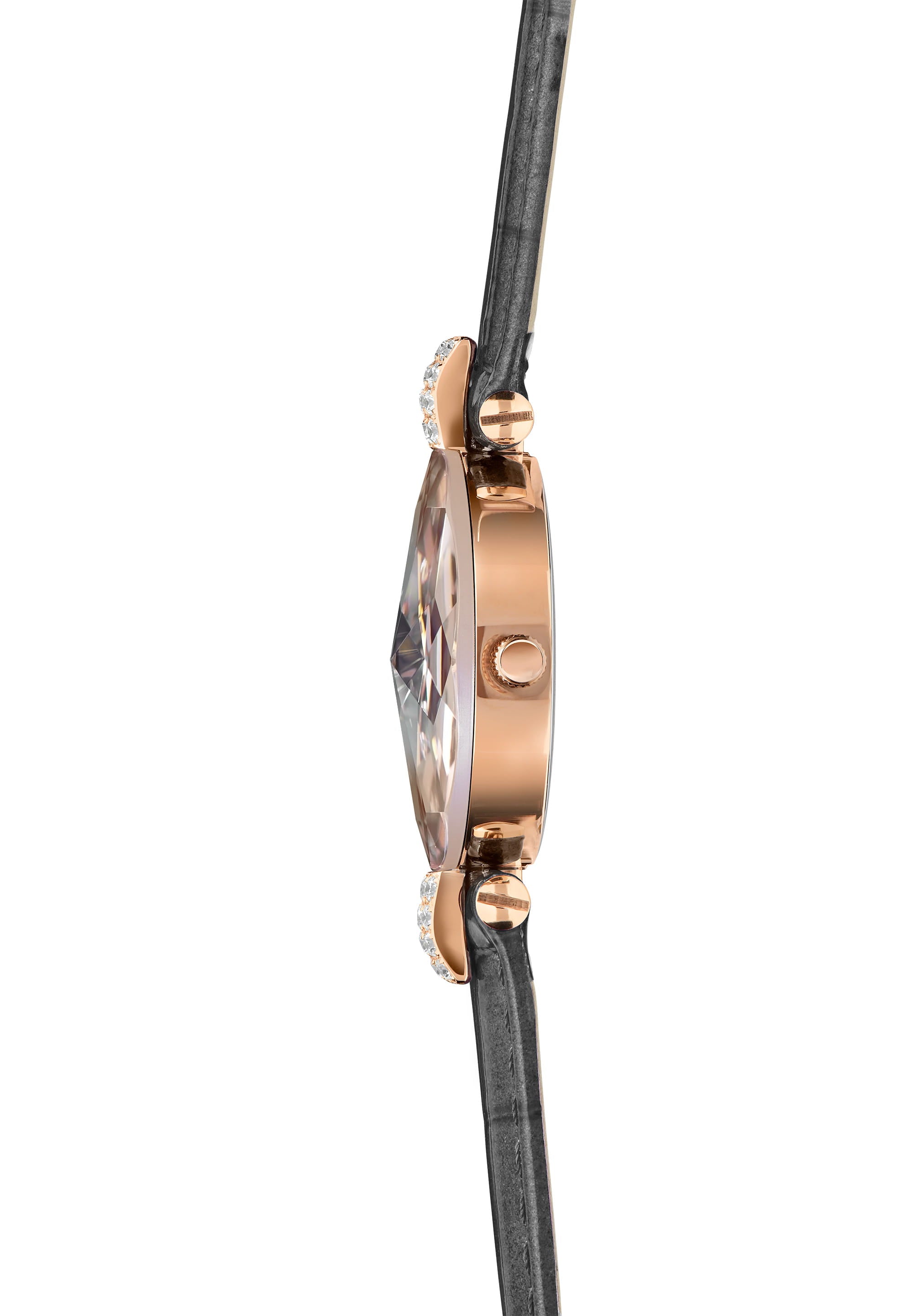 Facet Strass Swiss Ladies Watch J5.627.S featuring a black sunray dial, rose gold accents, and an alligator-embossed leather strap.