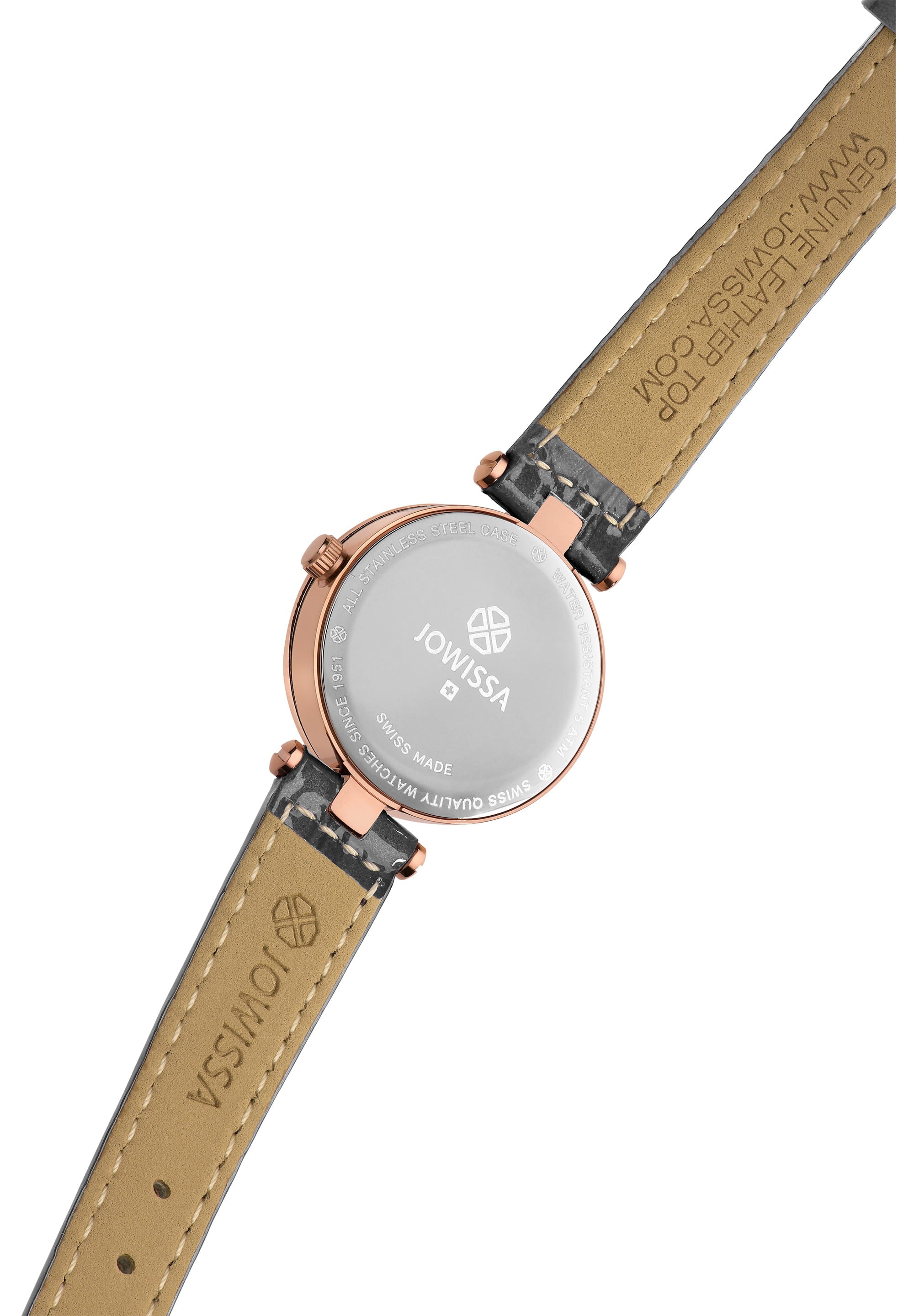 Facet Strass Swiss Ladies Watch J5.627.S featuring a black sunray dial, rose gold accents, and an alligator-embossed leather strap.