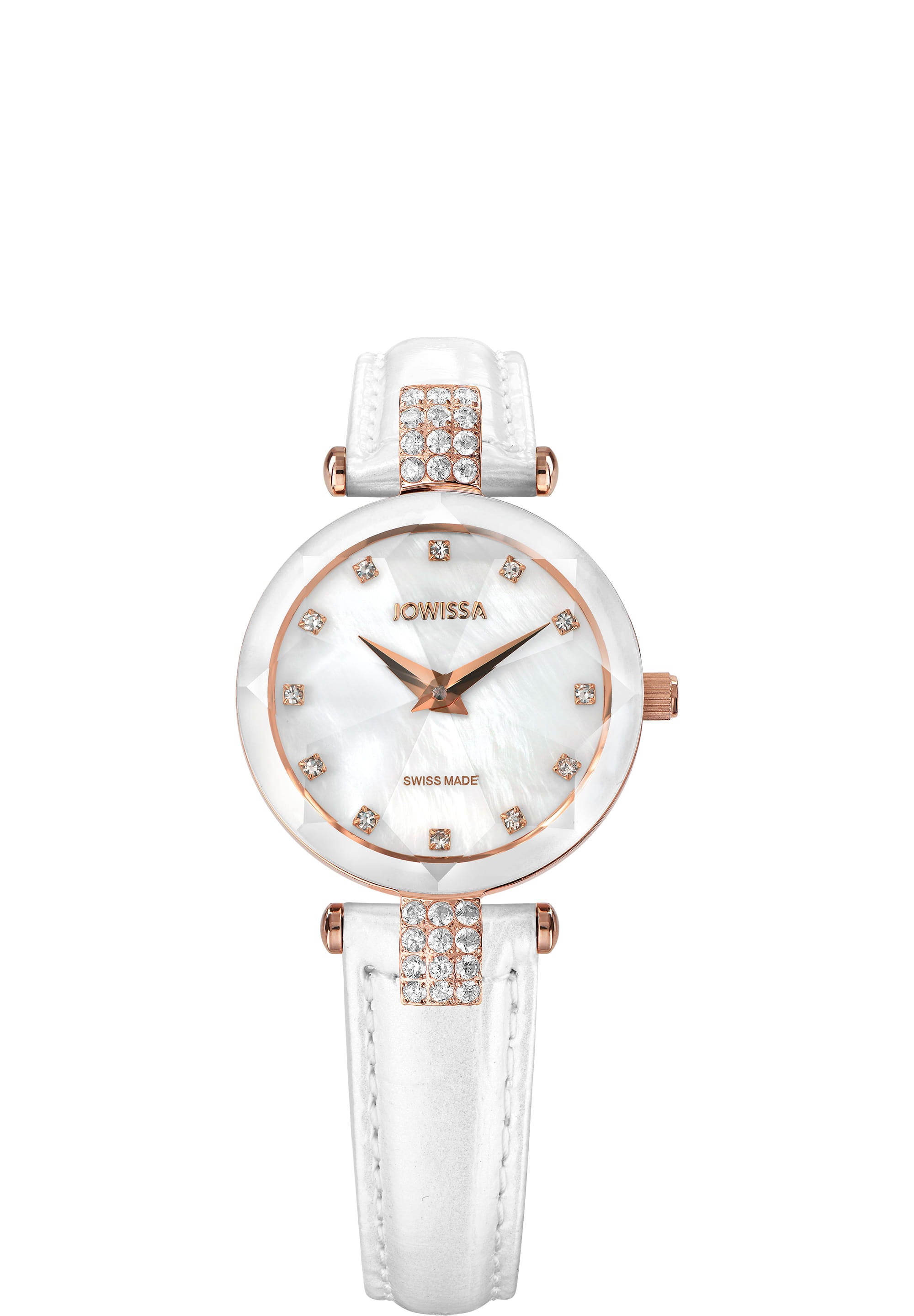 Facet Strass Swiss Ladies Watch J5.628.S featuring a white mother of pearl dial, sparkling rhinestones, and a white crocodile leather strap.