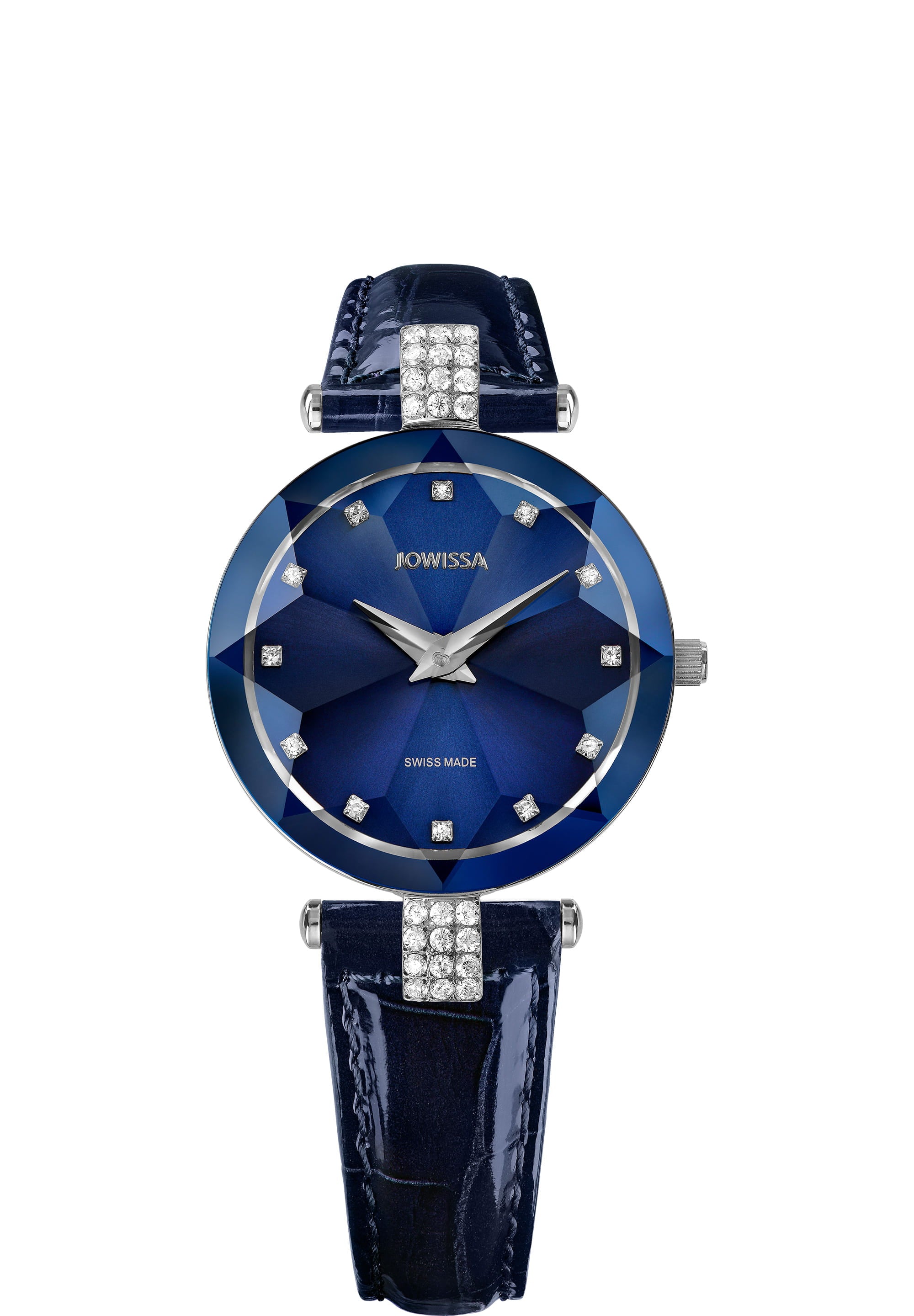 Facet Strass Swiss Ladies Watch J5.622.M featuring a blue sunray dial and crocodile leather strap, adorned with rhinestones.