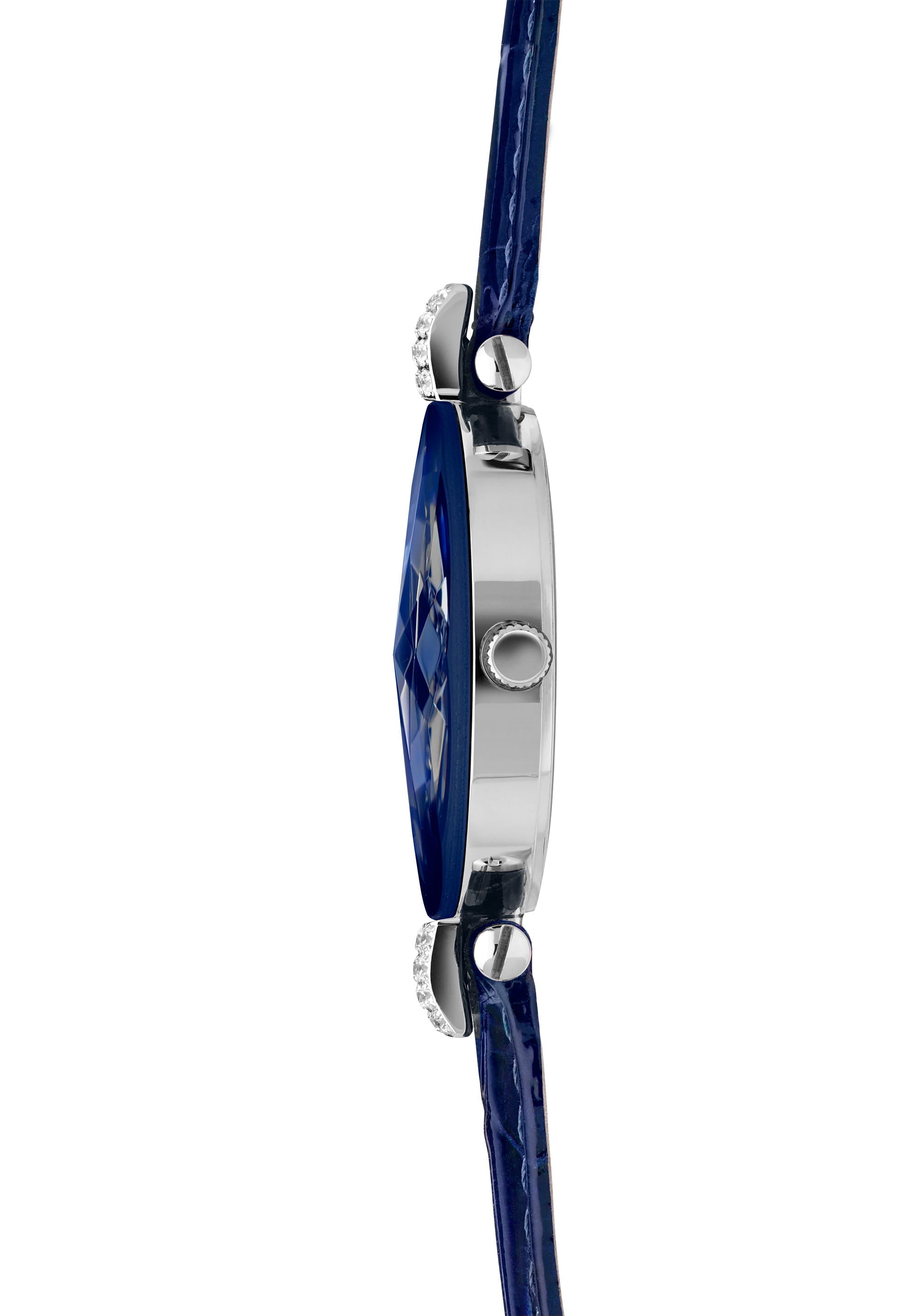 Facet Strass Swiss Ladies Watch J5.622.M featuring a blue sunray dial and crocodile leather strap, adorned with rhinestones.