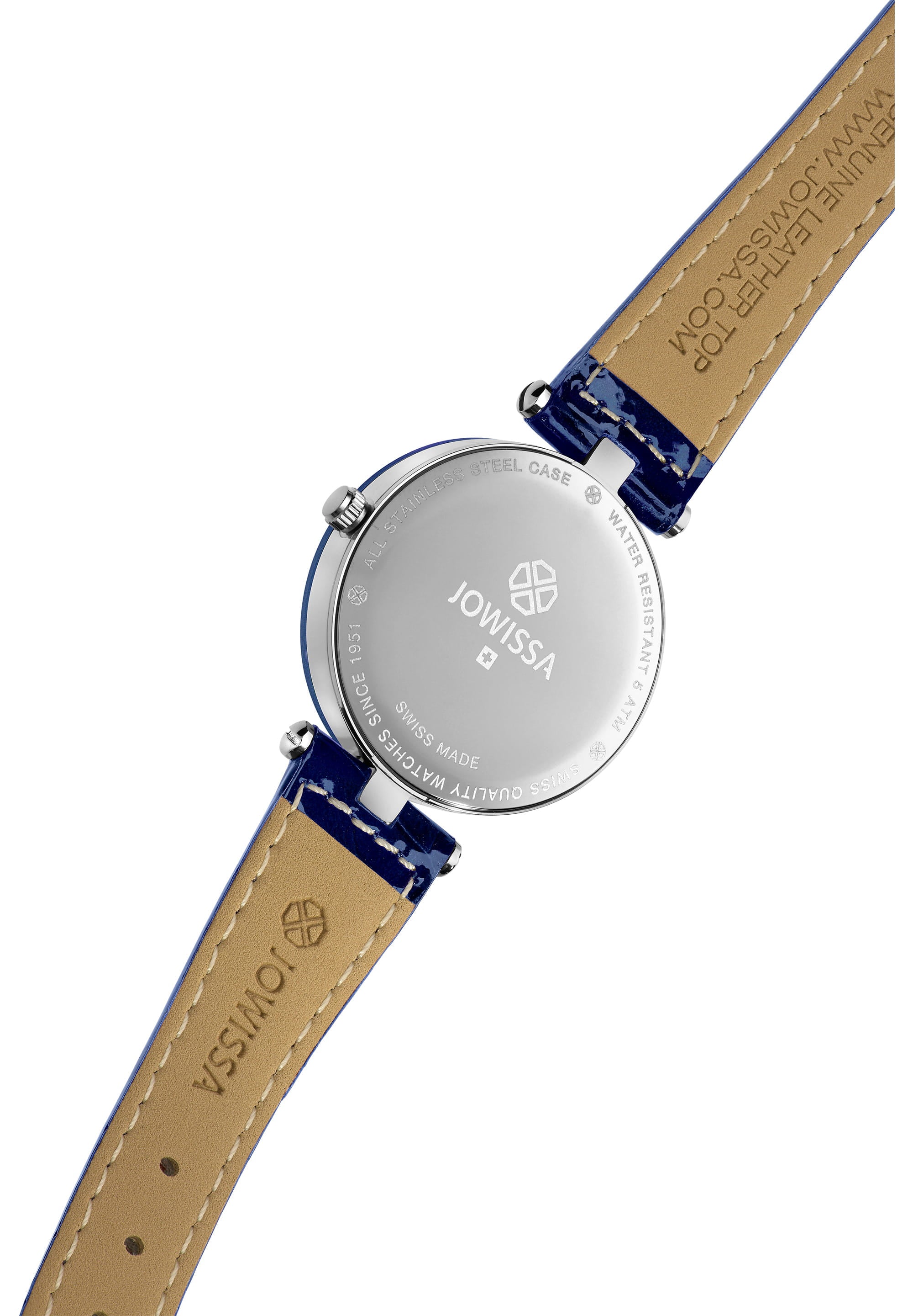 Facet Strass Swiss Ladies Watch J5.622.M featuring a blue sunray dial and crocodile leather strap, adorned with rhinestones.