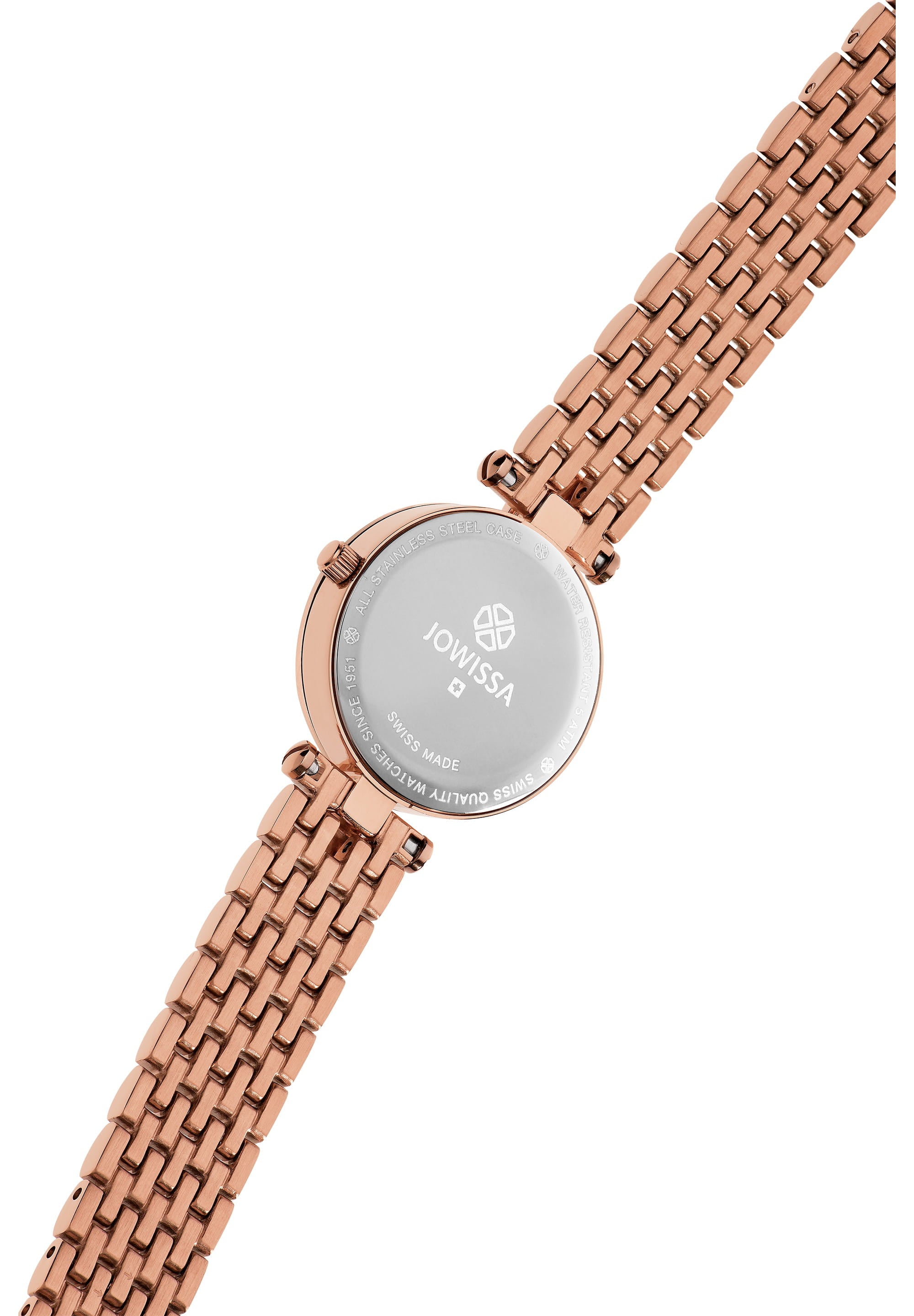 Facet Strass Swiss Ladies Watch J5.634.S featuring a rose gold design, sunburst dial, and stainless steel mesh band.